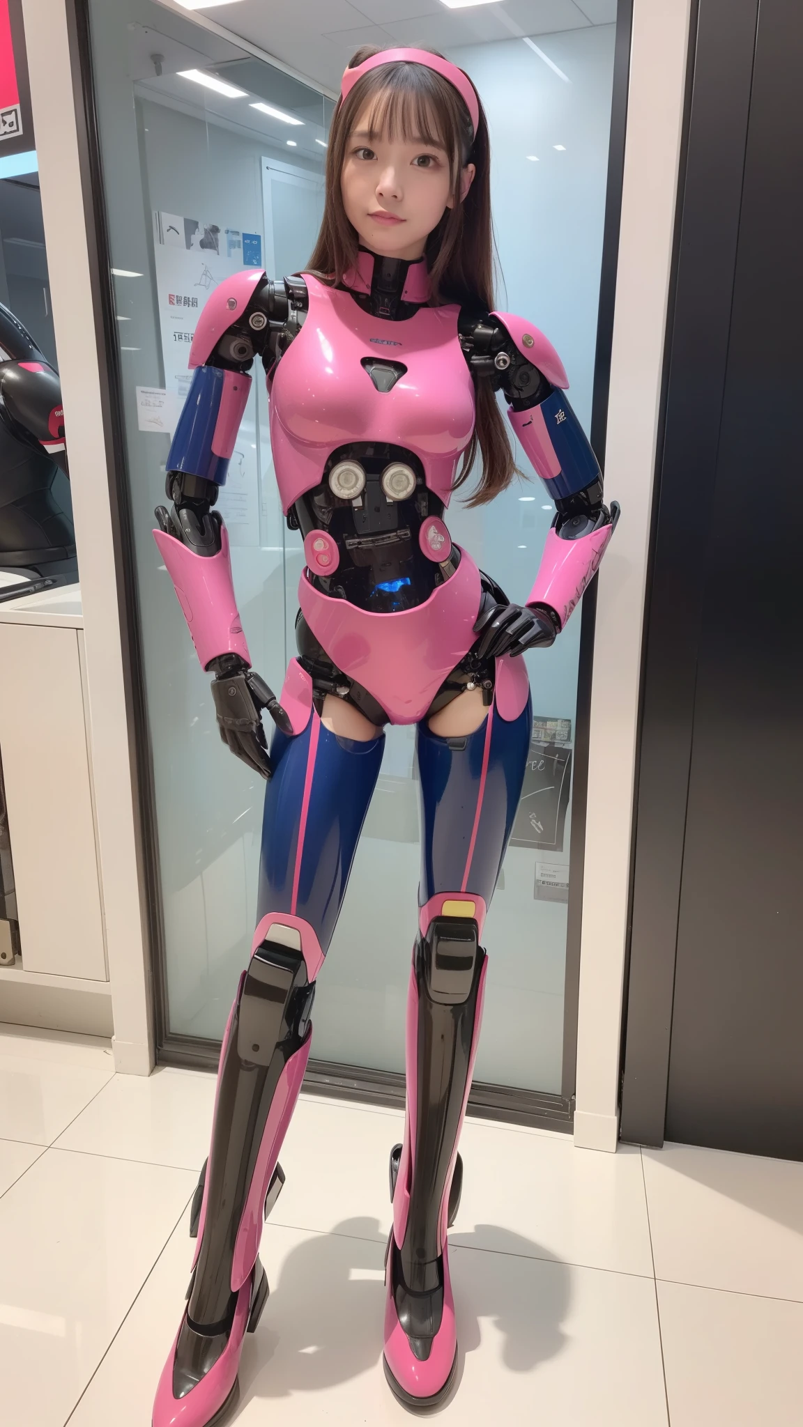 (Photorealsitic:1.4)、one robot girl、(top-quality)、(hyperdetailed face)、(Super well-formed face)、(Robot Parts)、(Female-Robot)、(17 years-old)、(Blue)、(pink there)、(Burgundy)、(metallic)、(full-body)、(sexy pose)、(Slender body)、(Model body type)、(full body mech)、(Akihabara)、(is looking at the camera)、(A brown-haired)、(Well-proportioned body)、(a small face)、(a small head)、(well-groomed fingers)、(Idol)、(front facing)、(Standing with legs open)、(Photo session)、(Looks sad)、(perfect-female-robot)、(perfect-mechanical-body)