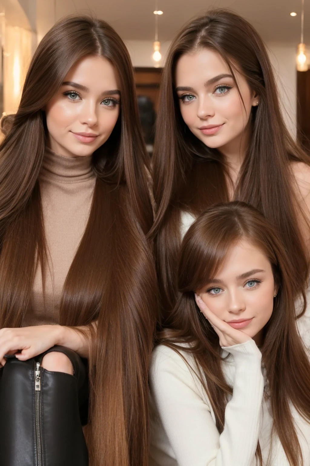 Professional photograph, best quality, 8K, hyper detailed, half body, A close up portrait of two gorgeous, beautiful, wonderful women, argentinian and russian females together posing for the camera, both women have super long hair, argentinian girl has brown hair and russian girl has dark blonde hair, the both of them are wearing winter clothing, both girls are wearing leather jackets. Both women are wonderful, dream, ethereal, timeless, majestic beauties from Argentina and Russia, they're glad, smiling and enjoying taking a picture at cafe.