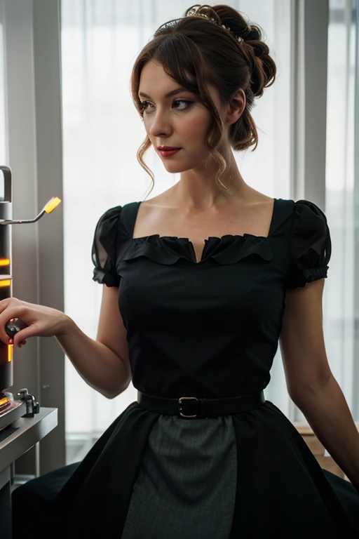 1Girl in a 50s style dress, komplett mit Tellerrock und Petticoat, ihr Haar ist zu klassischen Lockenwicklern gestylt. Sie sollte in einem altmodischen Diner sitzen, umgeben von Vintage-Details wie eine Jukebox, Chrom-Akzente, und Neonschilder. Ihre Augen sollten vor Aufregung funkeln, Ihre Haut makellos und strahlend unter dem weichen, dramatische Beleuchtung. Diese Szene sollte auf 35mm-Film festgehalten werden, with a nice depth of field and a slightly blurred, nostalgischer Hintergrund,
Film,