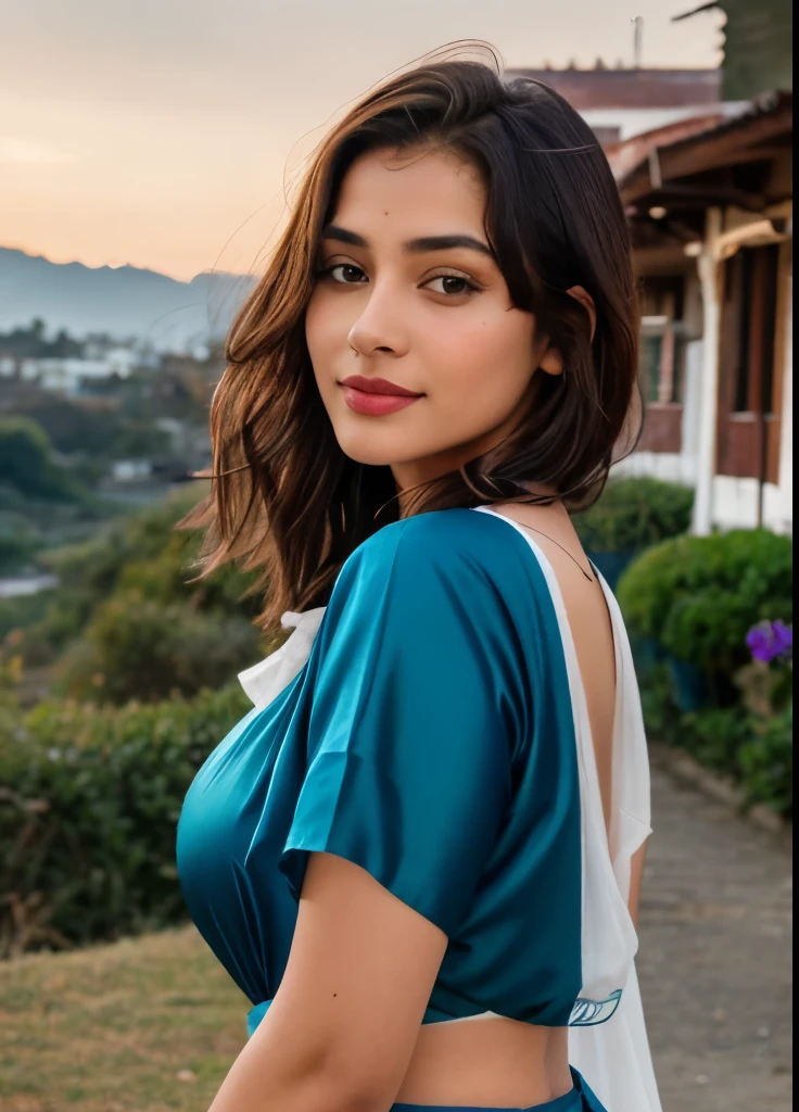 direct eye contact scenic professional photograph of RAW photo, photorealistic, [:intricate details:0.3], best quality, photo of beautiful Indian girl 20y young lady, curvey hipps, with brown hair, Ultra-realistic skin,cute smile with visible teeth,red lipstick detailed skin, (like a plus size:1.1), (beautiful round shape breasts:1.1), (big ass:1.1), ( white, red, blue, color saree with blouse), 1girl, graceful body structure, from front, looking at viewer, direct gaze, face is looking at the camera, anaphase, in outdoor jammu town city, natural color, perfect viewpoint, highly detailed, wide-angle lens, hyper realistic, with dramatic sky, polarizing filter, natural lighting, vivid colors, everything in sharp focus, HDR, UHD, K Photorealistic, Hyperrealistic, Hyperdetailed, analog style, Ultra-realistic skin, detailed skin, matte skin, soft lighting, subsurface scattering, realistic, heavy shadow, masterpiece, best quality, ultra realistic, 8k, golden ratio, Intricate, High Detail, film photography, soft focus