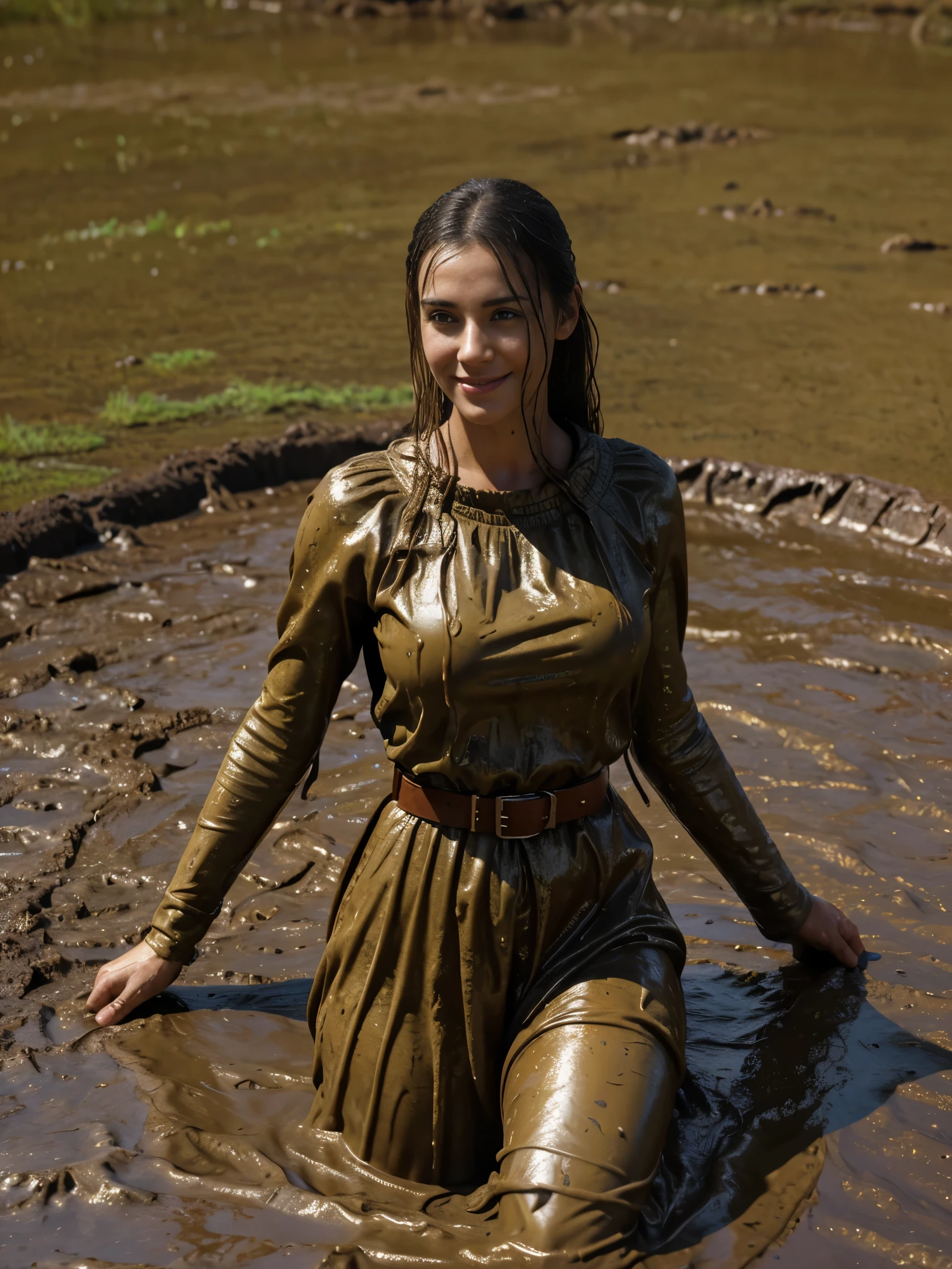 (masterpiece, best quality:1.2), cowboy shot, solo, 1girl, 27 yo peasant woman, smile, looking at viewer, peasant dress, capelet, belt, wet clothes, soaked, dripping wet, wet hair, wet skin, translucent, glistening with oil, fully clothed, wet muddy field, dripping with mud, muddy arms, muddy hair, (Super detailed,ultra high resolution,detailed background)), (((masterpiece:1.4, Best Quality:1.4, 8K,))), ultra high res, Physically Based Rendering, ((Best Quality)), ((Masterpiece)), (Very Detailed:1.3), 3D, Accurate simulation of light-material interactions, perfect proportions, octane rendering, duotone lighting, low ISO, white balance, rule of thirds, wide aperture, 8K RAW, efficient sub-pixels, subpixel convolution, luminescent particles, light scattering, Tyndall effect, HDR (High Dynamic Range), ray tracing, NVIDIA RTX, super resolution, unreal 5, subsurface scattering, PBR texture, post-processing, anisotropic filtering, depth of field, maximum sharpness and sharpness, multi-layer texture, albedo and highlight maps, surface shading, 