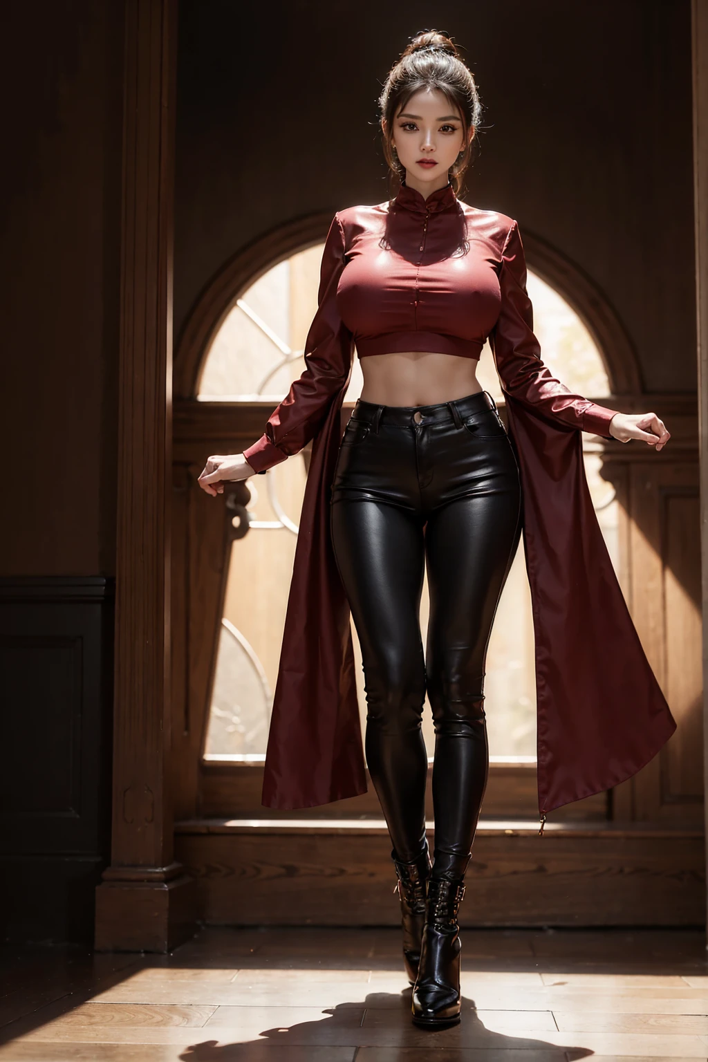(((full image:1.5, full body, standing:1.8, facing viewer, the front body facing directly to the front of camera, show body from head to toe))), round huge breast, huge breast:1.5, tall body, fit body, abdominal muscles:1.7, pale skin, short hair with updo, ((standing)), a woman wearing blouse, wearing tight pants, leather shoes. High quality:1.3, Professional lighting:2.0 realistic:1.2, 4k resolution, detailed skin, finely detail, masterpiece:1.1, centered image