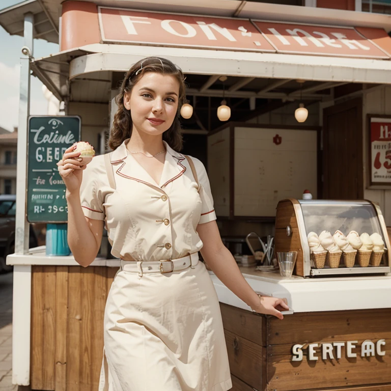 Please create an image of a woman dressing as a 1940er Jahre ice cream saleswoman, Retro atmosphere, (1940er Jahre), Aufstecken