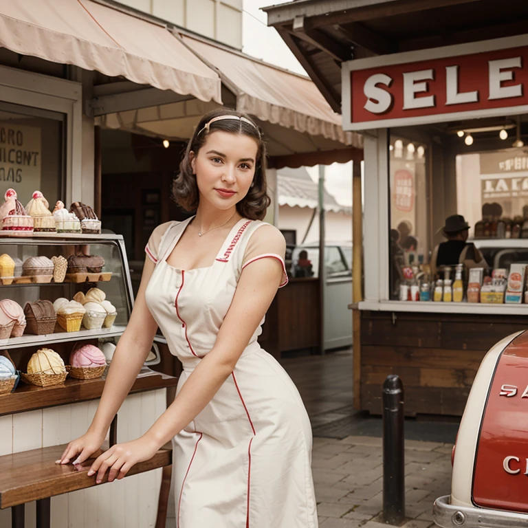 Please create an image of a woman dressing as a 1940er Jahre ice cream saleswoman, Retro atmosphere, (1940er Jahre), Aufstecken