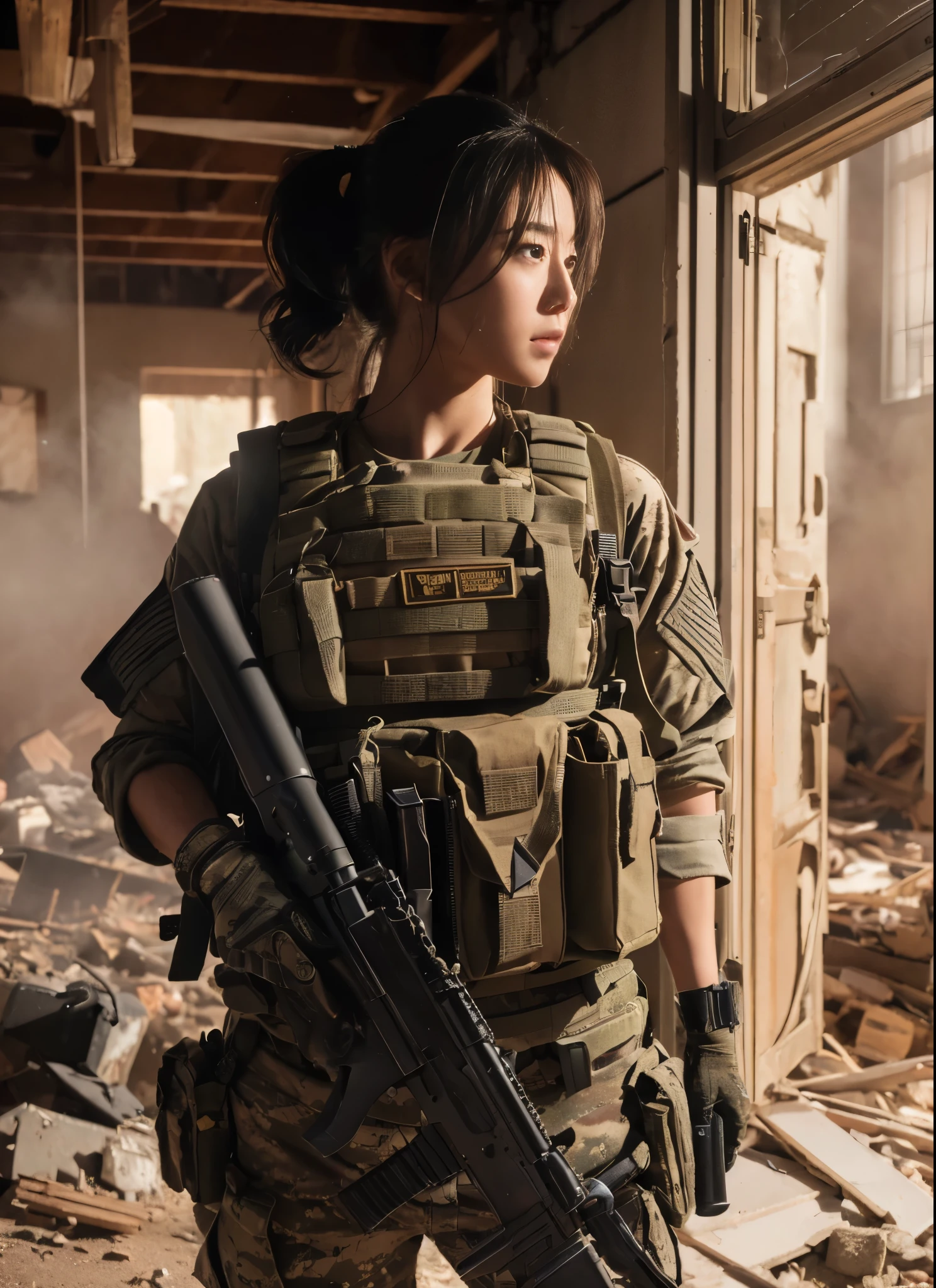 (highest quality,8k,Realistic photo:1.2),Very detailed,(Realistic,photoRealistic:1.37) Skin Texture,Beautiful Japanese woman in the US military,Carefully open the door through the rubble and enter the room.,Automatic rifle,Bulletproof vest,Backpack,Injured, intense expression, Dynamic pose, innovative configuration, Portraiture,Dramatic lighting,Colorful palette,Dust and smoke flying