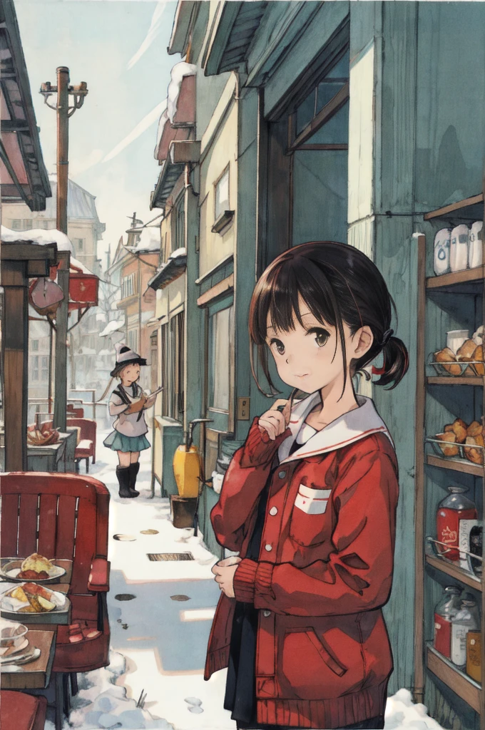 highest quality, Detailed Background, girl,Ocean, cafeteria, bird, snow, winter, 