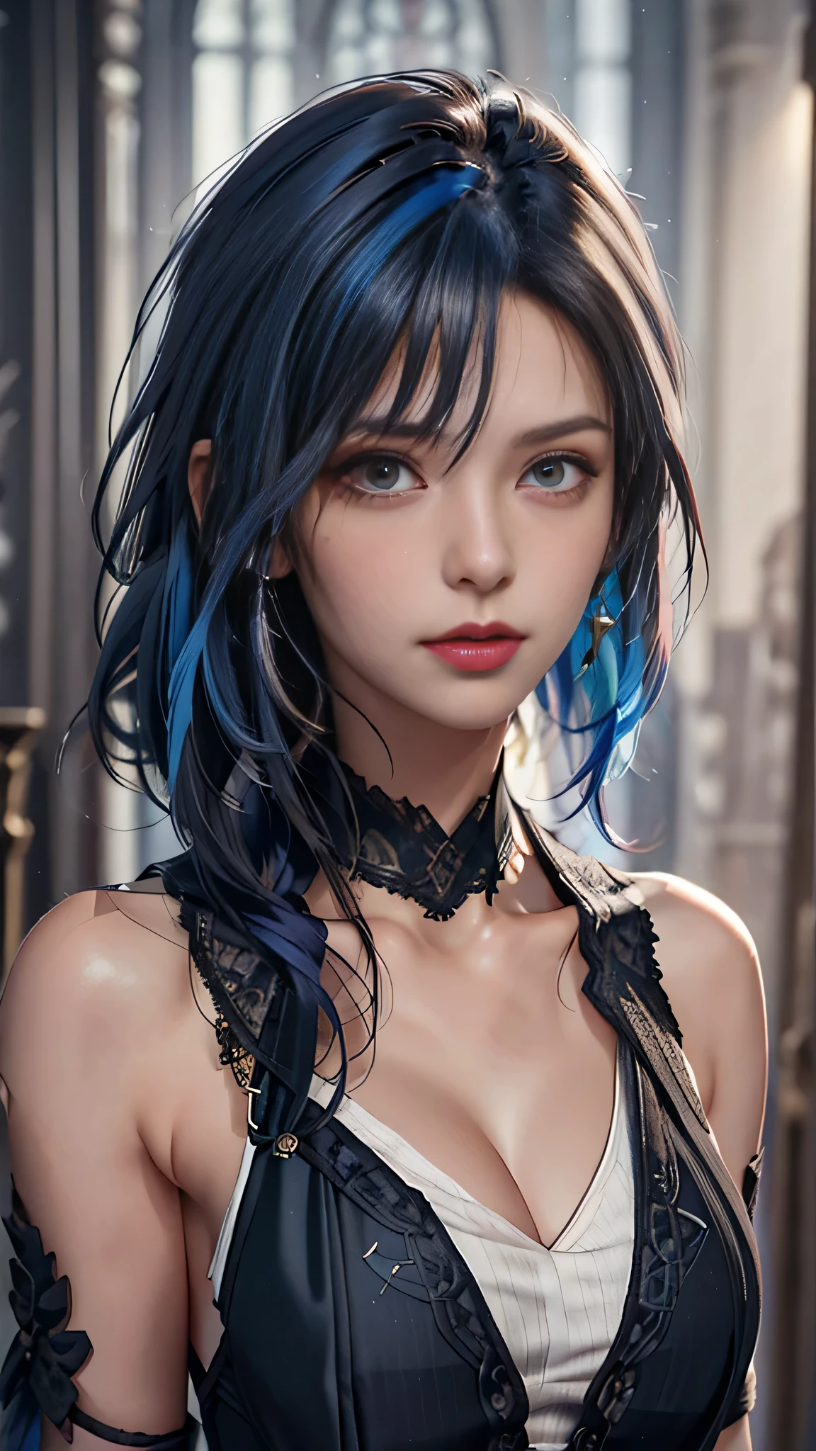 masterpiece, highest quality,3D rendering work ,3dmm style,close,Portraiture, 3D,One girl, alone, Multicolored Hair, Blue Hair, Black Hair, necklace, freckles, jewelry, Two-tone hair, When you look to the side, Realistic, Upper Body, Simple Background, bangs, avert your eyes, short hair, parted lips, Iris, lips, Gothic, choker, compensate, Mole, black shirt, shirt, watermark