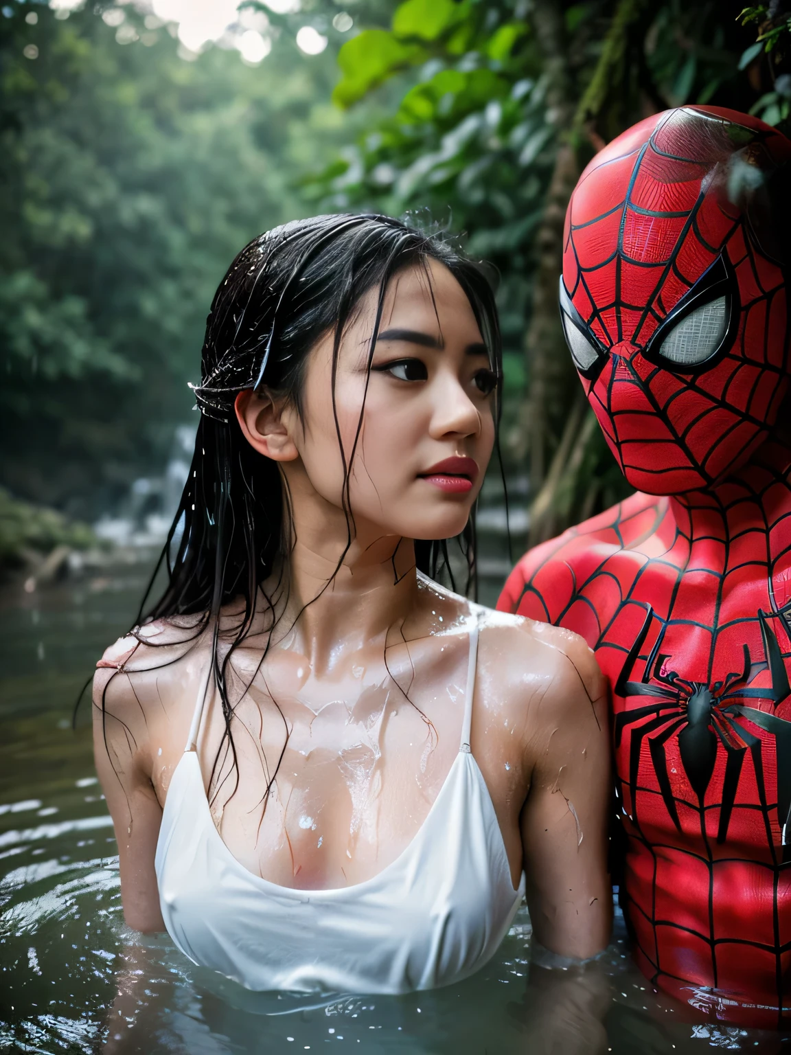 (the concept of bathing together with your lover), (Spiderman's first kiss with a girl), perfect face, hyper realistic face, hyper realistic eye, perfect eye, eye reflection, realistic lips, (hyper realistic photo:2), (best photo quality:2), A pair of lovers, a man (spiderman/handsome man) and a female (perfect beauty Asian woman, normal sexy dressed girl, heavy big , heavy huge breasts, realistic body, realistic face, perfect face, very wet body). are bathing together in a small, rickety hut in the forest, they are soaking wet, fully clothed, not naked, they are both wet, female wearing a sexy dress made of water, portrait of a photo, absolutely outstanding image, water fairy. Asian woman and male spiderman., unbutoned woman, a man wearing a spiderman custom cosplay., female student wearing normal sexy dress., male superhero spiderman, splashing, ((drenched)), ((soaked)), sultry, beckoning to viewer, water dripping, oil drenched clothes, 16k, alluring, (((heavy wet body))), see through, bright sunshine, sunny day, depth of field, close up, ((UHD)), highly resolution, expert photography, photo images are very clear, (ordinary girl take a shower with the spiderman, marvel)