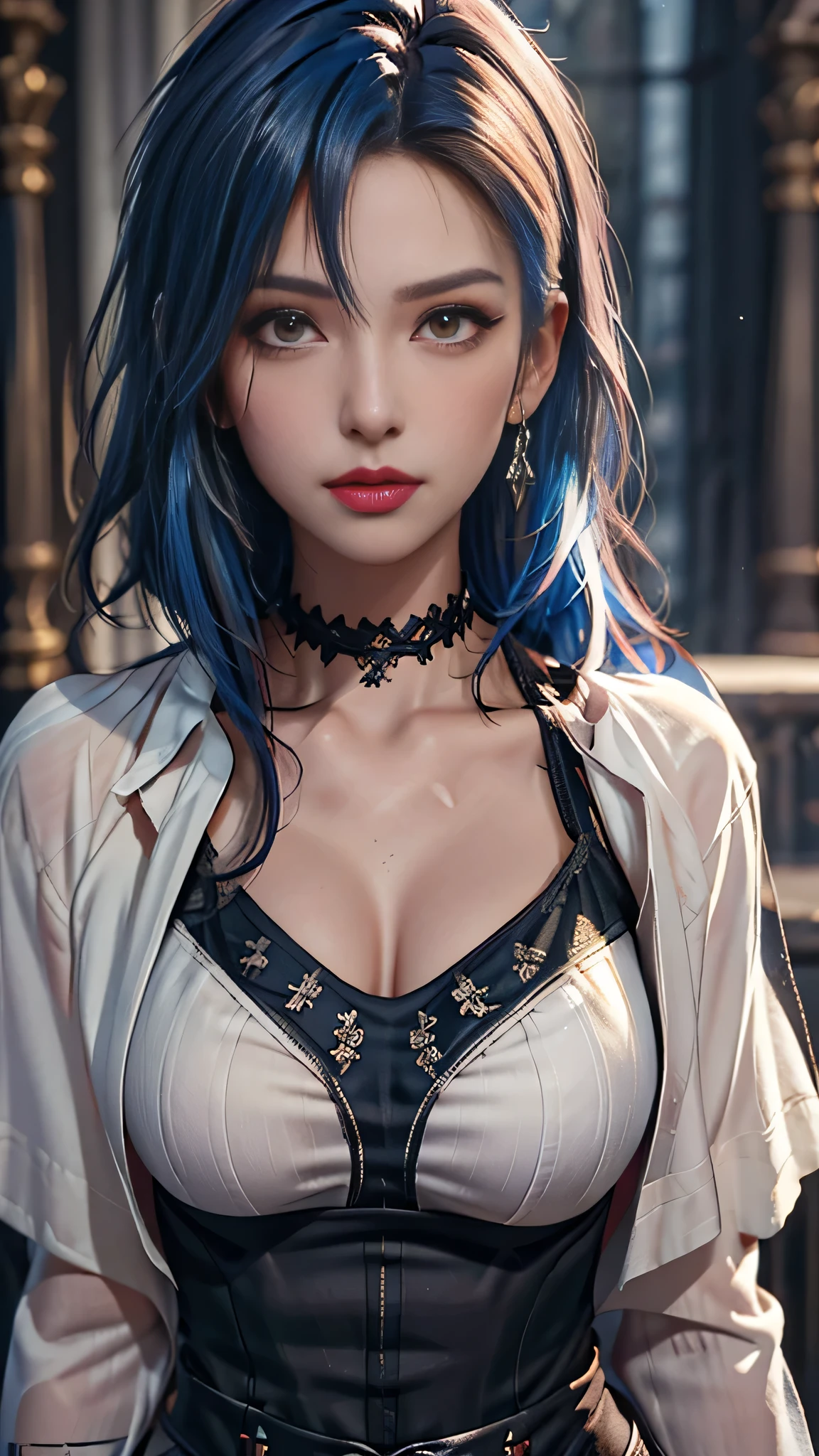 masterpiece, highest quality,3D rendering work ,3dmm style,close,Portraiture, 3D,One girl, alone, Multicolored Hair, Blue Hair, Black Hair, necklace, freckles, jewelry, Two-tone hair, When you look to the side, Realistic, Upper Body, Simple Background, bangs, avert your eyes, short hair, parted lips, Iris, lips, Gothic, choker, compensate, Mole, black shirt, shirt, watermark