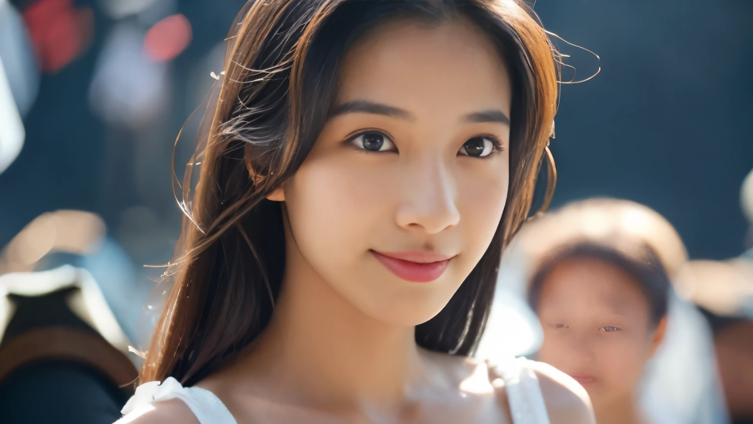 ((Top Quality, 8K, Masterpiece: 1.3, Super A High Resolution)), (Clear Focus: 1.4), Japanese Female, 20 years old, Cute, Alone, Full Body Esbian, (Twisting the Body: 1.1), Light Peel ((black hair), long hair)), sleeveless, white skin, full body image (detailed fabric, detailed fabric, thin: 1.5, very detailed face, very detailed face, detailed face, details dark eyes, narrow eyes, moist eyes, double eyelids, natural skin, red cheeks, detailed skin, sweating, glossy skin, glossy skin, glossy skin, shaded skin, glossy skin, makeup, dense lips, fair complexion Lips, Smile, Break HA, (Big Breasts): 1.1), Beautiful Leg Line, Beautiful Long Legs, Looking at Camera, BREAK, (Detailed Background: 1.1, Outdoor Concert: 1.8), Natural Light