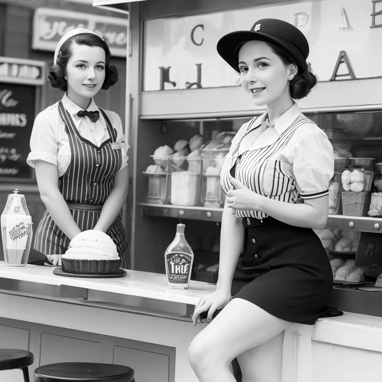 Please create an image of a woman dressing as a 1940er Jahre ice cream saleswoman, Retro atmosphere, (1940er Jahre), Aufstecken