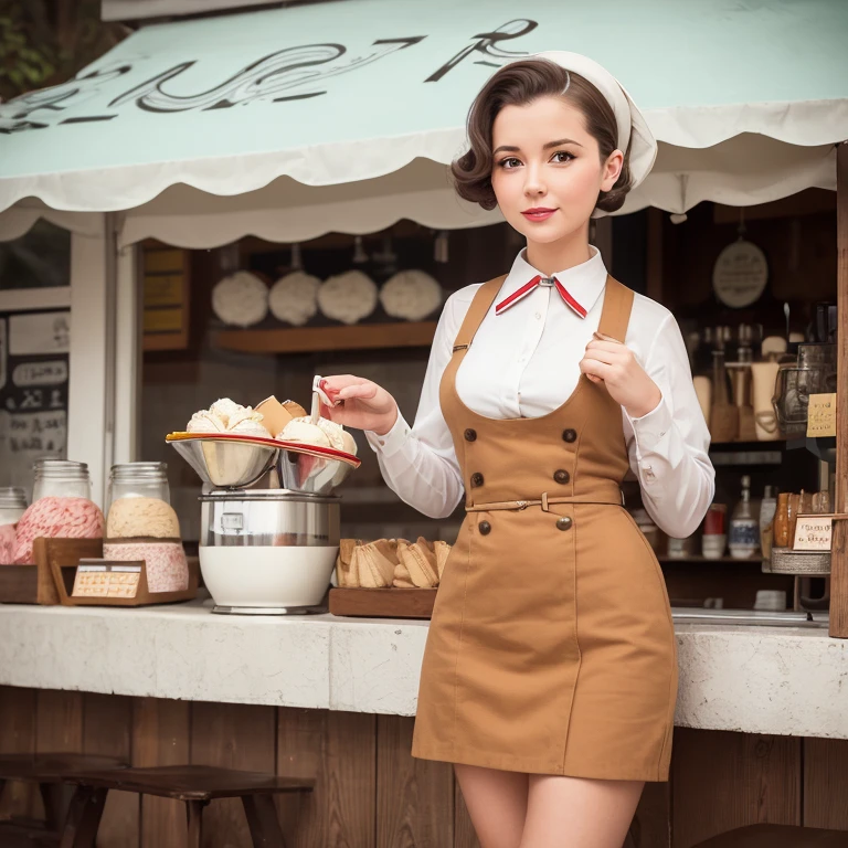 Please create an image of a woman dressing as a 1940er Jahre ice cream saleswoman, Retro atmosphere, (1940er Jahre), Aufstecken