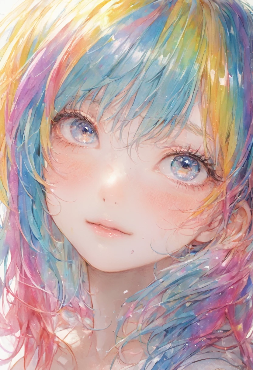 rainbow hair, shiny hair, gradient eyes, blush, Hyperrealism, anime style, anime style, Cubist Futurism, zoom layer, super detail, masterpiece, UHD, masterpiece, ccurate, anatomically correct, textured skin, super detail, high details, high quality, award winning, best quality, highres, HD, 8k, 16k
