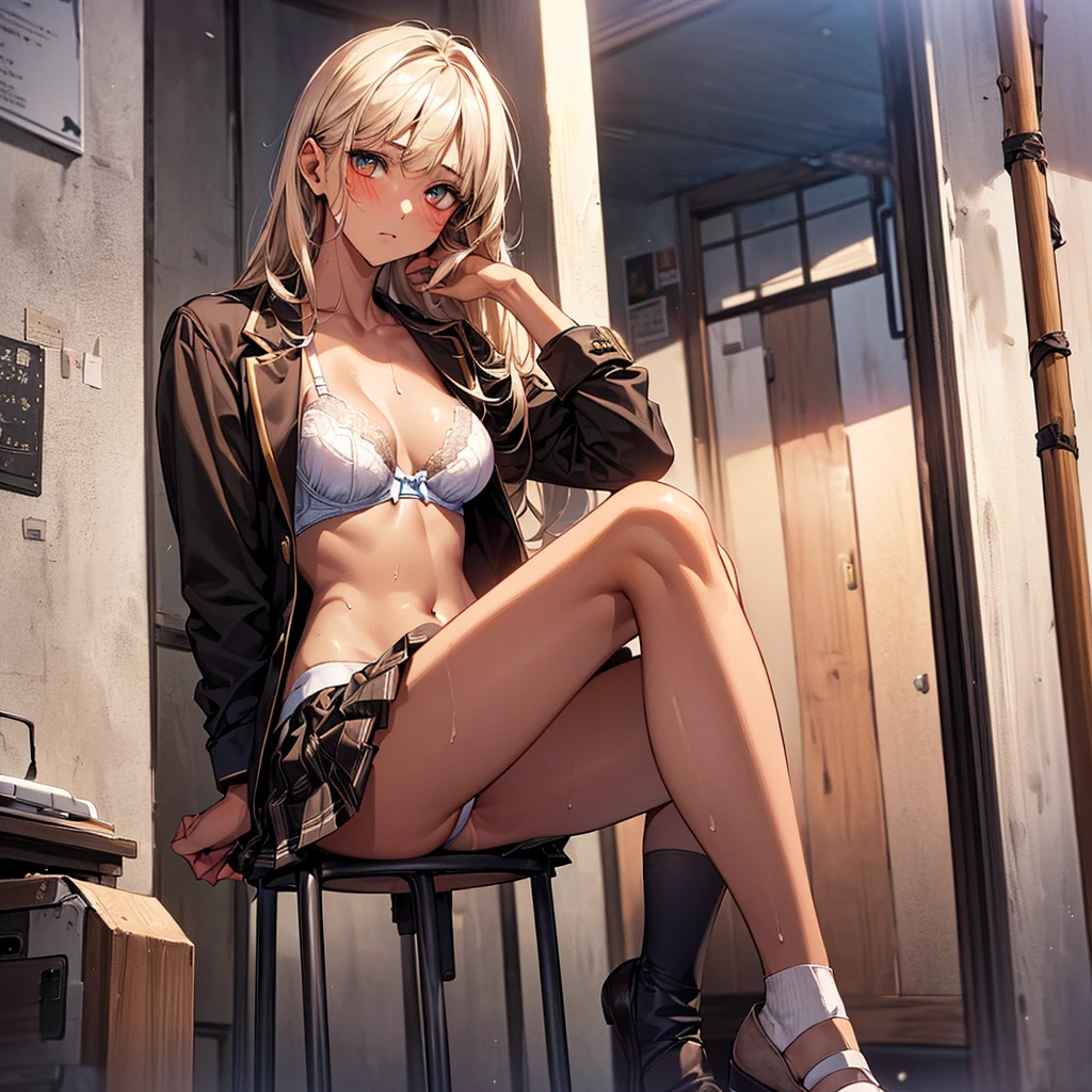 (((night,真night中))),((Dark atmosphere)),((Perfect Anatomy:1.2,Realistic:1.3,Raw photo:1.3,masterpiece、highest quality、Ultra - High resolution、High resolution、Extremely detailed CG、8k)),((attractive way to sit)),((((Crouching pose)))),1 female,alone,18-year-old、High school girl beautiful girl,Japanese,((Beautiful and exquisite face and eyes:1.2,Big beautiful eyes:1.0,)),(Brighten your eyes),((Beautiful woman))、Blonde,Long Hair,(Center parted hair:1.4,amount),Medium chest,((slim body)),Small Head:1.3,skinny,(Brown Skin:1.8),((Sunburn mark:1.5)),(Oily skin,Glowing Skin,Shiny skin,Sweat:1.2),(school uniform、Dark blue blazer jacket、White Shirt、Checkered pleated mini skirt),(prostitution),((show off bra:1.2)),Dirty back alley、Tokyo、((Turn your body forward)),(lonely),((Feeling melancholy))、Stick out your crotch、(Apathy),(Lucky)、((Expressionless))