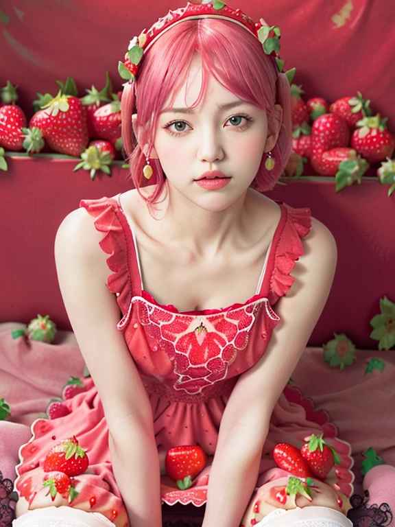 (8K, top quality, masterpiece:1,2), (realistic, realistic:1.37), super detail, one girl,), (very detailed), (beautiful and delicate eyes), (top quality의), (very detailed ), (masterpiece), (detailed face),20 years old, ,1 girl, whole body, pink hair,Very Short Hair, medium chest, Dressed up, perfect lighting, Focus on pussy and tits, looking at viewer, excited face, naughty face, (pastel red theme:1.3), ((Strawberry gothic dress with strawberry pattern:1.4)), (strawberry decoration:1.3), (red big ribbon:1.3), (strawberry earrings:1.2), (white knee high socks:1.3)