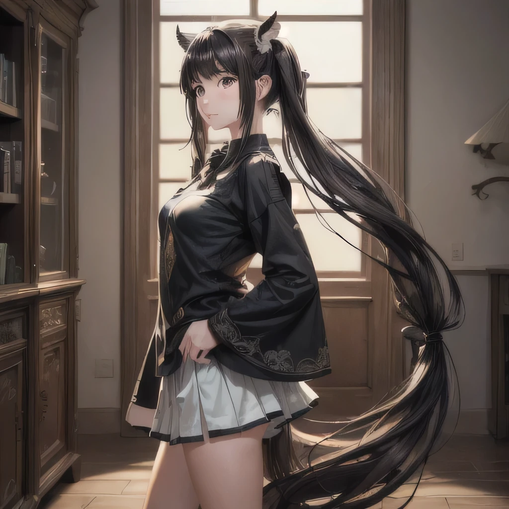 (((masterpiece))),(((highest quality))),(((Very detailed))), (Very realistic illustrations:1.8), (very long hair that reaches down to the calves:1.5), (Twin tails:1.5), (Beautiful slightly brown black hair:1.5), (Fine hair:1.3), (No hair accessories), ((short stature)), (small breasts), A strong wind is blowing, indoor, Day, Realistic Background, Official Art, Browsing Caution, (Best Anatomy), (Soft Skin:1.2), (Beautiful oil skin with ultra-high resolution:1.2), skirt, Light-colored clothing