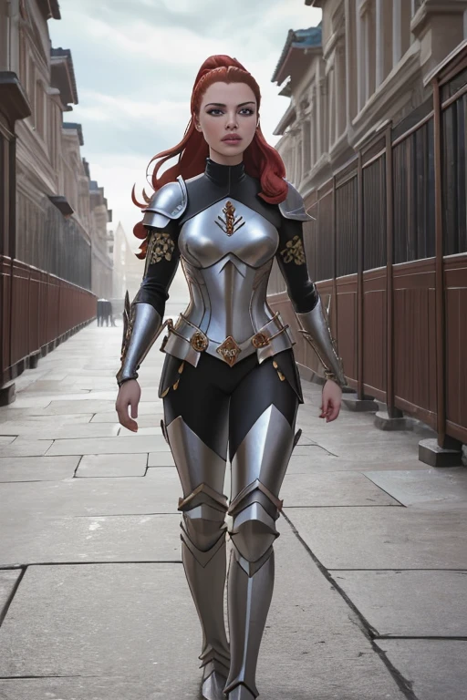 (8K, best quality:1.2), (masterpiece:1.37), (photo, photorealistic:1.37), (ultrahigh-res), full body, walking pose, shot from front, slow motion, female paladin wearing the full body, (light silver armour:1.2),(ornately decorated armor), (insanely detailed, bloom:1.5), (highest quality, Alessandro Casagrande, Greg Rutkowski, Sally Mann, concept art, 4k), (analog:1.2), (high sharpness), (detailed pupils:1.1), detailed face and eyes, Masterpiece, best quality, (highly detailed photo:1.1), (long red Hair, ponytail,ecstatic:1.1), (young woman:1.1), sharp, (perfect body:1.1), realistic, real shadow, 3d, (temple background:1.2), (by Michelangelo), photographed by Canan EOS R6, 135mm, 1/1250s, f/2.8, ISO 400, red hair, lovely lips, high_detailed_royal_mor , scary armor