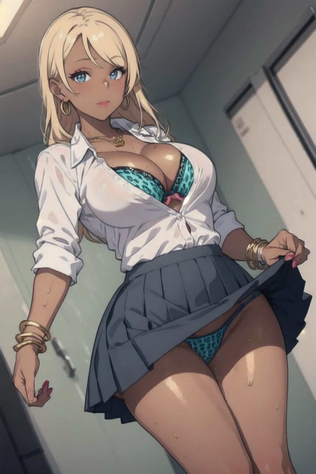 masterpiece, best quality, 1girl, solo, breasts, cleavage, blonde hair, long hair, parted bangs, blue eyes, looking at viewer, sweat, large breasts, (dark skin:1.3), white collared shirt, pleated skirt, flashy gyaru, happy, showy,too many accessories, colorful , kogal, kogal gyaru, necklace, earrings, bracelet, bra peak, leopard print, makeup, school, (skirt lift pov), from below, (lifted by self), (panties)