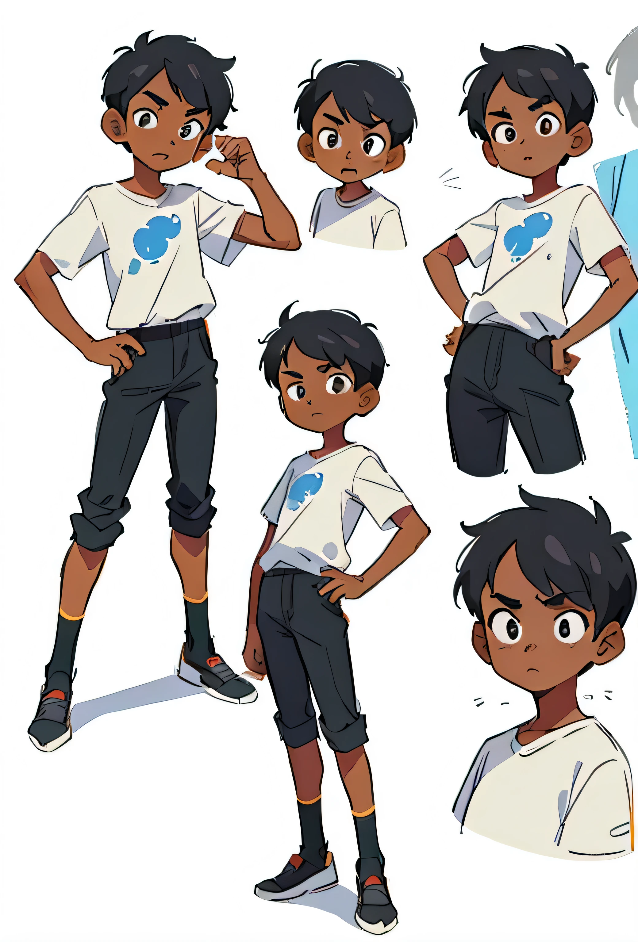 create character sheet of a , indian, black boy, dark skin,front pose,side pose ,back pose, 3/4 pose ,  wearing a white t-shirt and black pant, school boy,full body, detailed face, multiple expression and poses, character design sheet, concept design sheet, white background, sketch, colorful, painting, artgerm