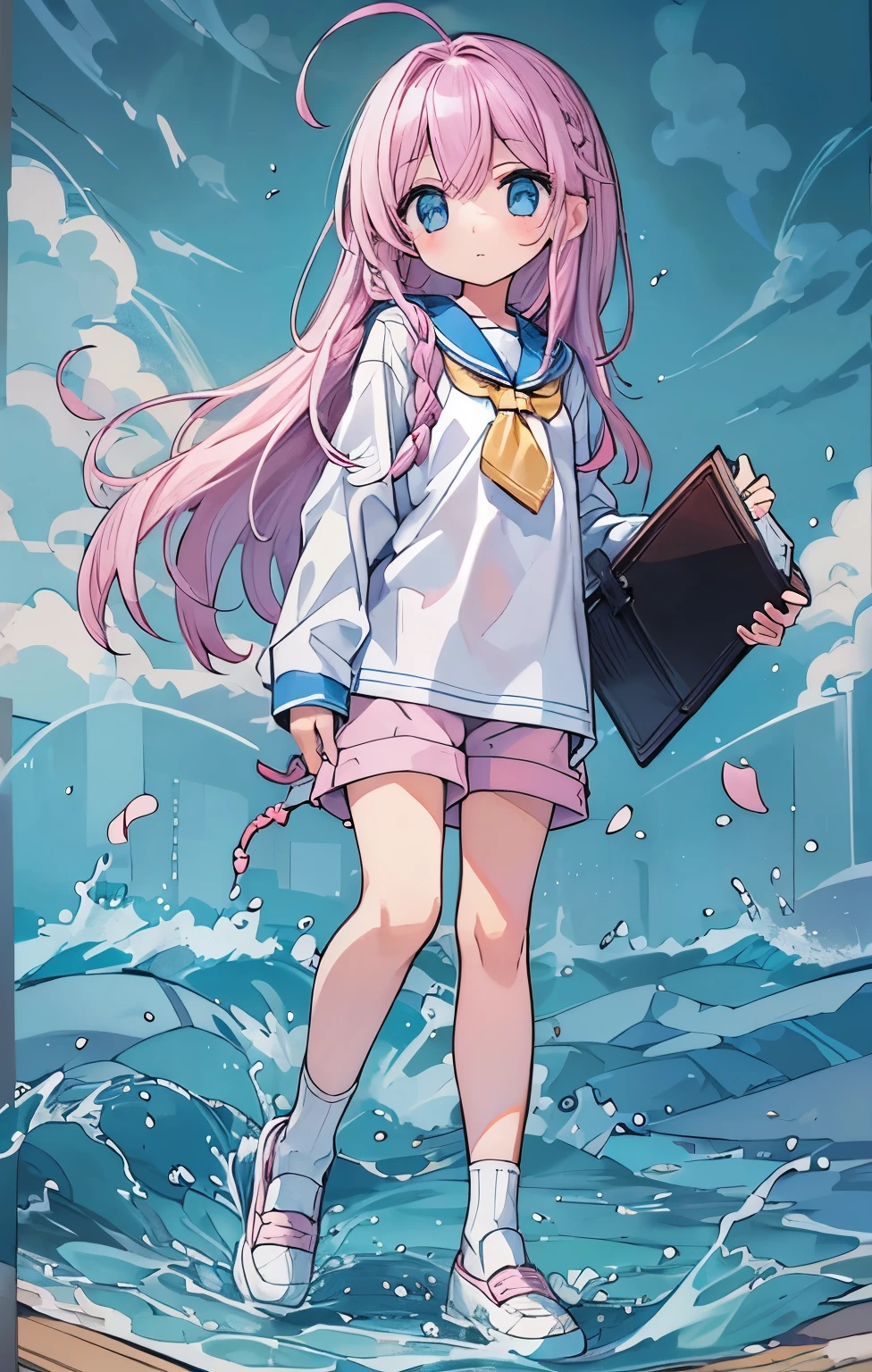 Beautiful illustrations, highest quality, (12-year-old girl:1.4)、(pretty girl:1.5)、、、Flat Chest、Sailor collar、(White long tunic)、White long sleeve sailor suit、Blue-line cuffs、(Pink Chino Shorts:1.4)、(Pink shorts with wide openings:1.2)、Gap between thighs and shorts、Thin thighs、White socks、Brown leather shoes、 Cinema Lighting, (Pink Long Hair)、Pink Straight Hair、Redness on the cheeks、(Braiding of the back of the head)