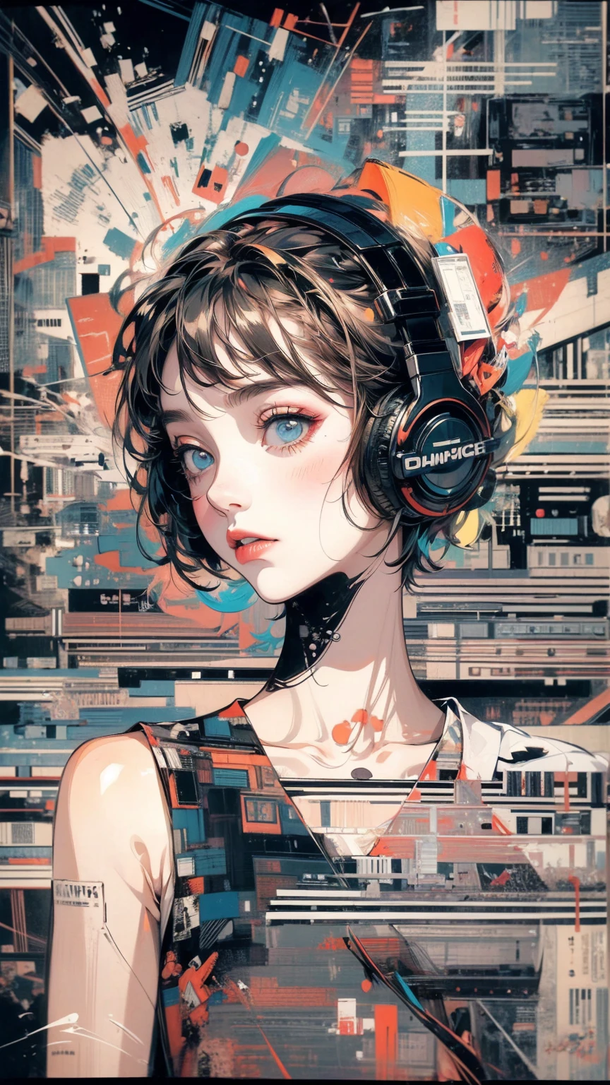 (masterpiece, High resolution, highest quality), Composition from head to thighs:1.3, Upper body focus, 20-year-old woman, short hair, Avant-garde makeup, fashionable, Headphones, Disorganized, Sheet Music Collage, abstract design, artistic juxtapositions, Black Background, mixed-media approach, Anime Style, Simple lines, Digital Painting,