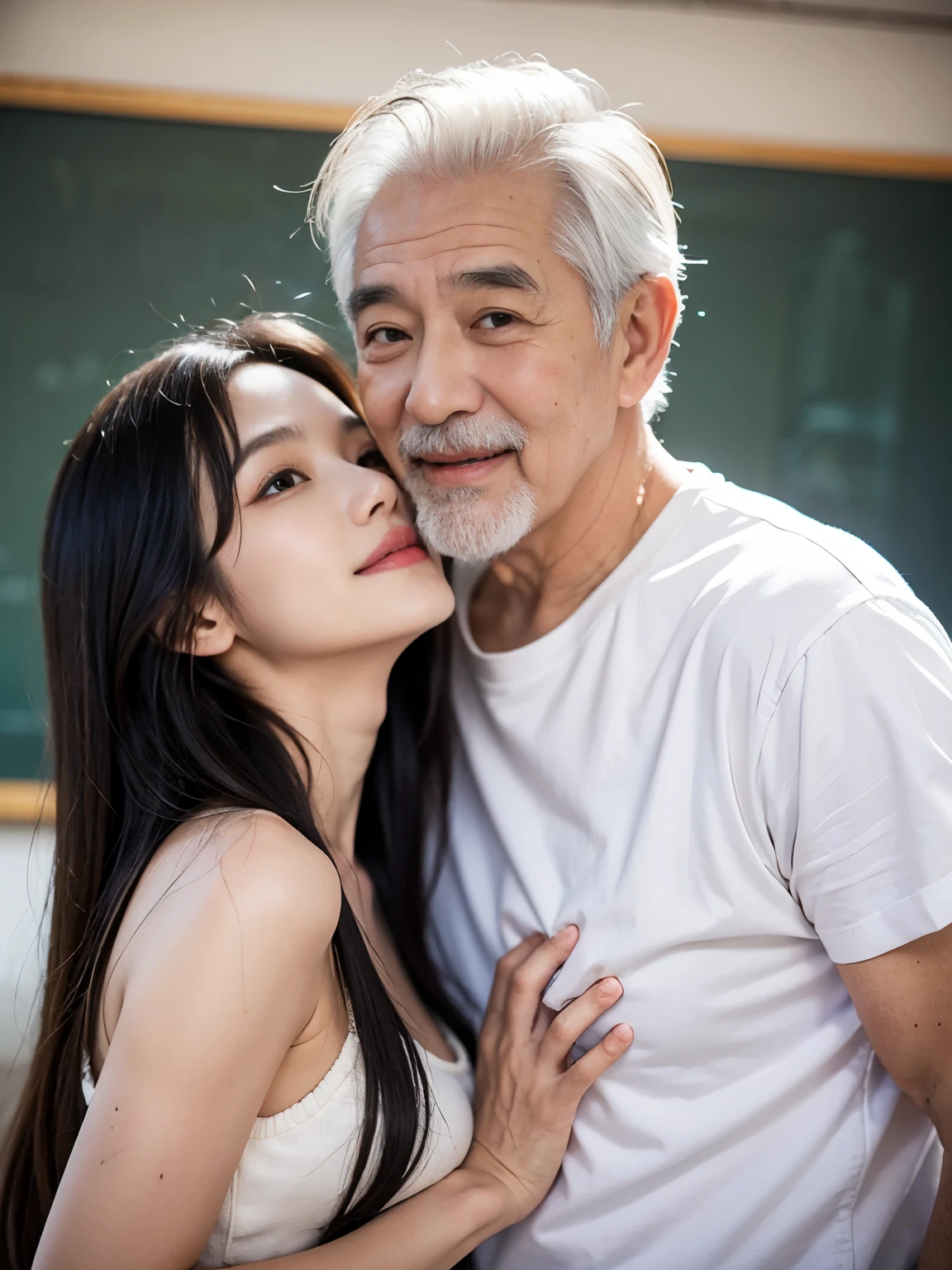 One korean old man and one young korean woman, age gap, age difference, giant tall size, old man 70, long beard white, face smile, hairy body, standing and hugging, hug, sexy young girl 18, size tiny and skinny, hairstyle black long hair, face embarrassing blushed, sex position, kissing, one old man with white hair, one young girl, on classroom, university, detailed face, realistic, realism, big chest, sex