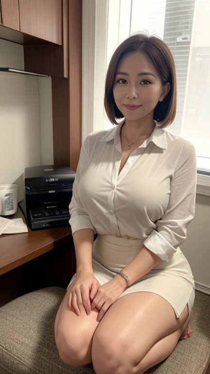High resolution, high resolution, Attention to detail, masterpiece, Rough skin, Anatomically correct, sharp,
In the company office、((Full body shot 0.85))、Facing forward、
((japanese milf, 50 years old)), alone, ((Facial wrinkles)), Shapely large breasts, Short Bob, Chubby body type,
,White blouse with collar, Navy blue tight skirt、landscape,A gentle smile、A gaze that seduces viewers、