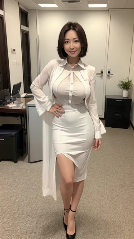 High resolution, high resolution, Attention to detail, masterpiece, Rough skin, Anatomically correct, sharp,
In the company office、((Full body shot 0.85))、Facing forward、
((japanese milf, 50 years old)), alone, ((Facial wrinkles)), Shapely large breasts, Medium Hair, Chubby body type,
,White blouse with collar, Navy blue tight skirt、landscape,A gentle smile、A gaze that seduces viewers、