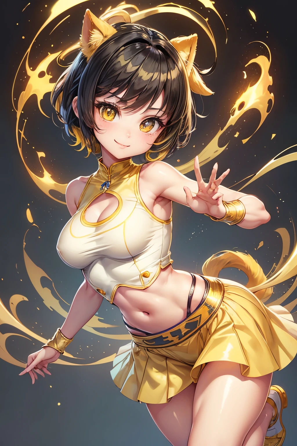 girl, full body, cartoon style, chibi style, cute, dog tail, dog ear, beautiful face, smile face, yellow color eye, beautiful eye, high detailed pupil, double eyeylid, high detailed skin, high quality skin, yellow color hair, very short hair, beautiful titis, perfect body, sexy dance, white clothes, masterpiece,