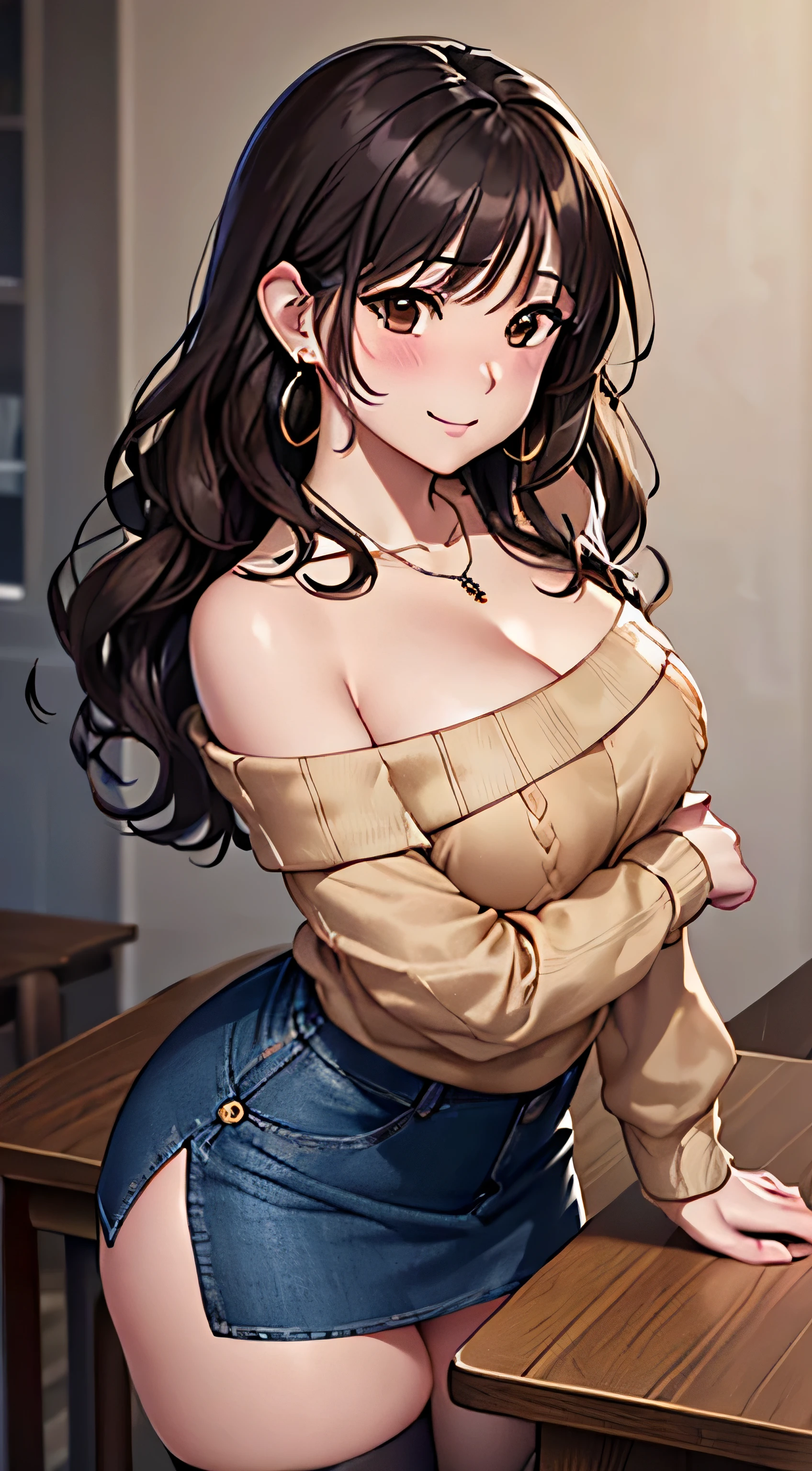 (Tabletop, highest quality, High resolution, , Perfect Pixel, 4K,), 1 girl, single, alone, Beautiful woman、I could see the whole body、 ((wavy mid hair, bangs, brown hair)), ((Brown eyes, Beautiful eyelashes, Realistic eyes)), ((Detailed face, blush:1.2)), ((Smooth texture:0.75, Realistic texture:0.65, Realistic:1.1, Anime CG Style)), Medium Chest, Dynamic Angle, Perfect body, female teacher、((, beige off shoulder sweater、Tight denim skirt、Black Stockings、Cute Necklace、Earrings、)), look up、A shy smile、look back、Leaning forward、)、Angle from below、、、