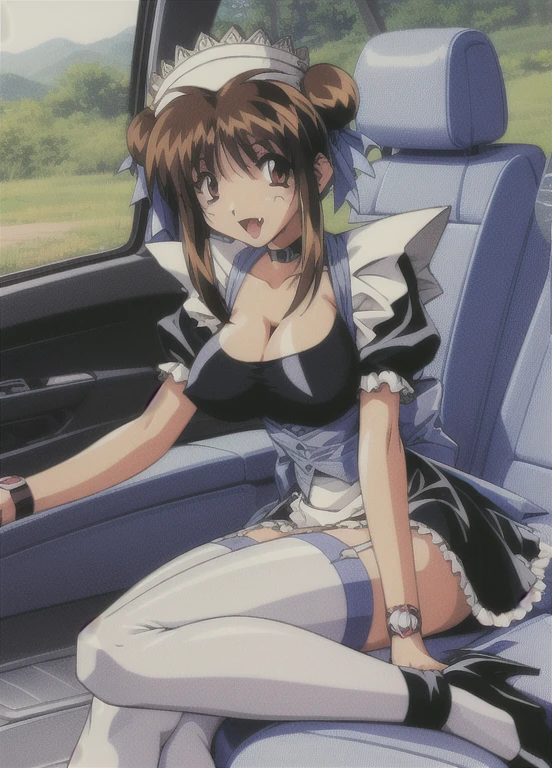 nanakn, 1girl, solo, hair ribbon, maid headdress, choker, maid dress, short sleeves, wristwatch, garter straps, thighhighs, high heels, fang, smile, cleavage, open mouth, 1990s (style), retro artstyle, car sitting