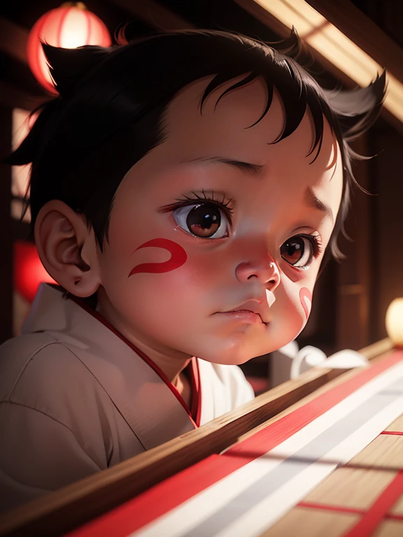 、Kumatori face in Kabuki(Draw a red line on a white)、Kabuki Stage、Bright lighting