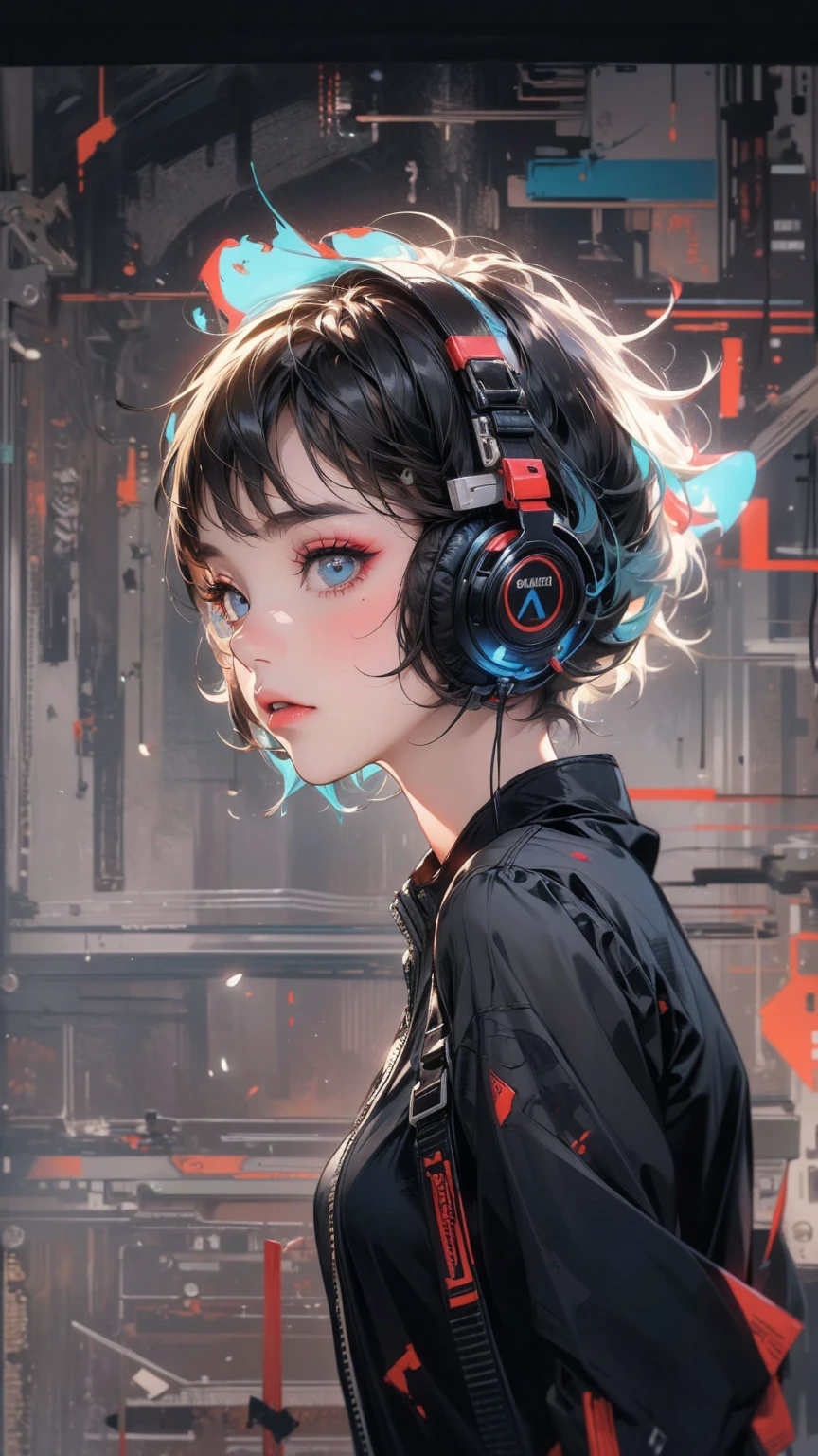 (masterpiece, High resolution, highest quality), Composition from head to thighs:1.3, Upper body focus, 20-year-old woman, short hair, Avant-garde makeup, fashionable, Headphones, Disorganized, Sheet Music Collage, abstract design, artistic juxtapositions, Black Background, mixed-media approach, Anime Style, Simple lines, Digital Painting,