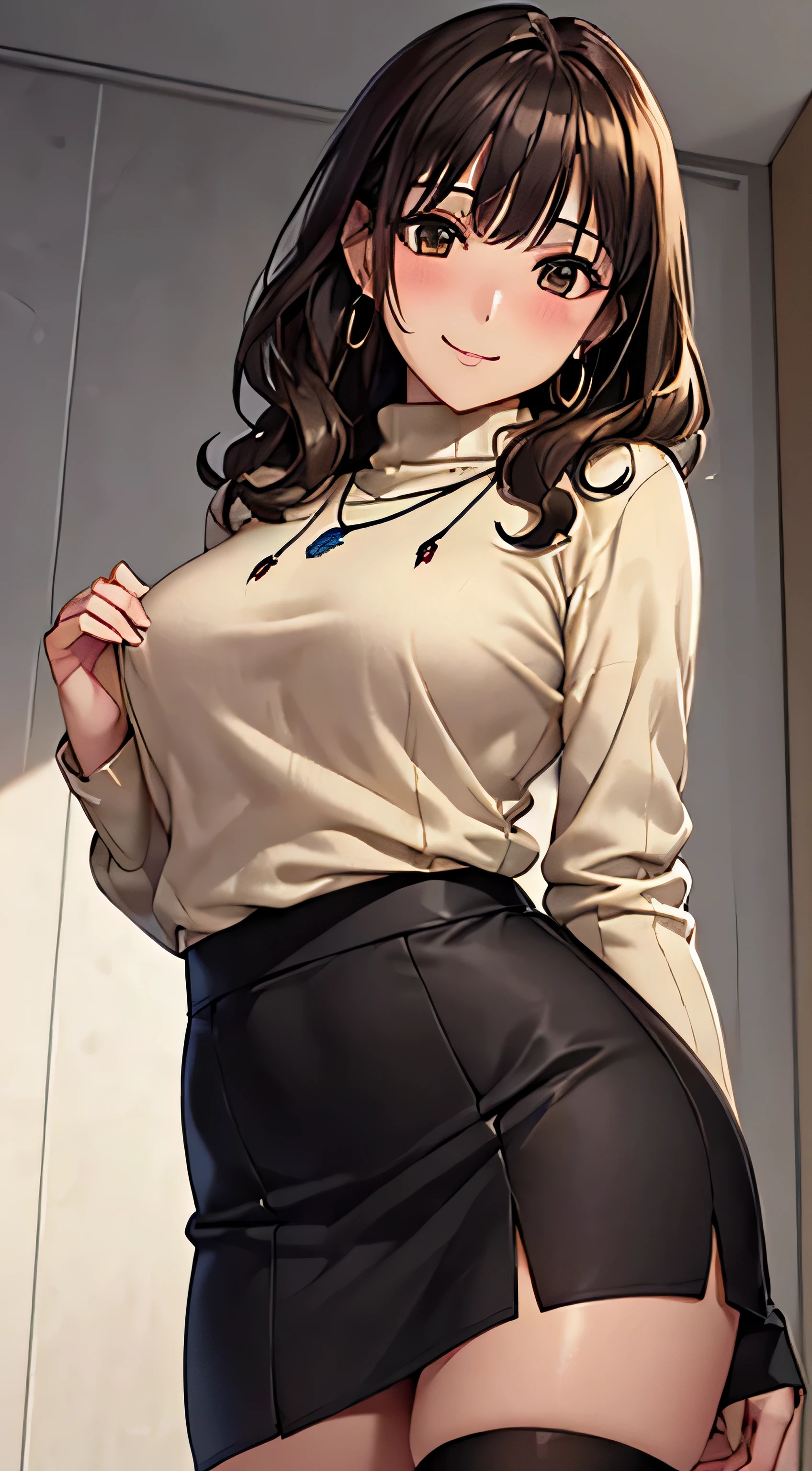 (Tabletop, highest quality, High resolution, , Perfect Pixel, 4K,), 1 girl, single, alone, Beautiful woman、I could see the whole body、 ((Wavy mid-length hair, bangs, brown hair)), ((Brown eyes, Beautiful eyelashes, Realistic eyes)), ((Detailed face, blush:1.2)), ((Smooth texture:0.75, Realistic texture:0.65, Realistic:1.1, Anime CG Style)), Medium chest, Dynamic Angle, Perfect body, ((, female teacher, , Earrings、necklace、Beige Turtleneck Sweater、black long flared skirt、Black knee-high stockings、、A shy smile、Put your hands behind your back、leaning forward、look back)), Superior、、、evening、、(、、、Angle from below)、