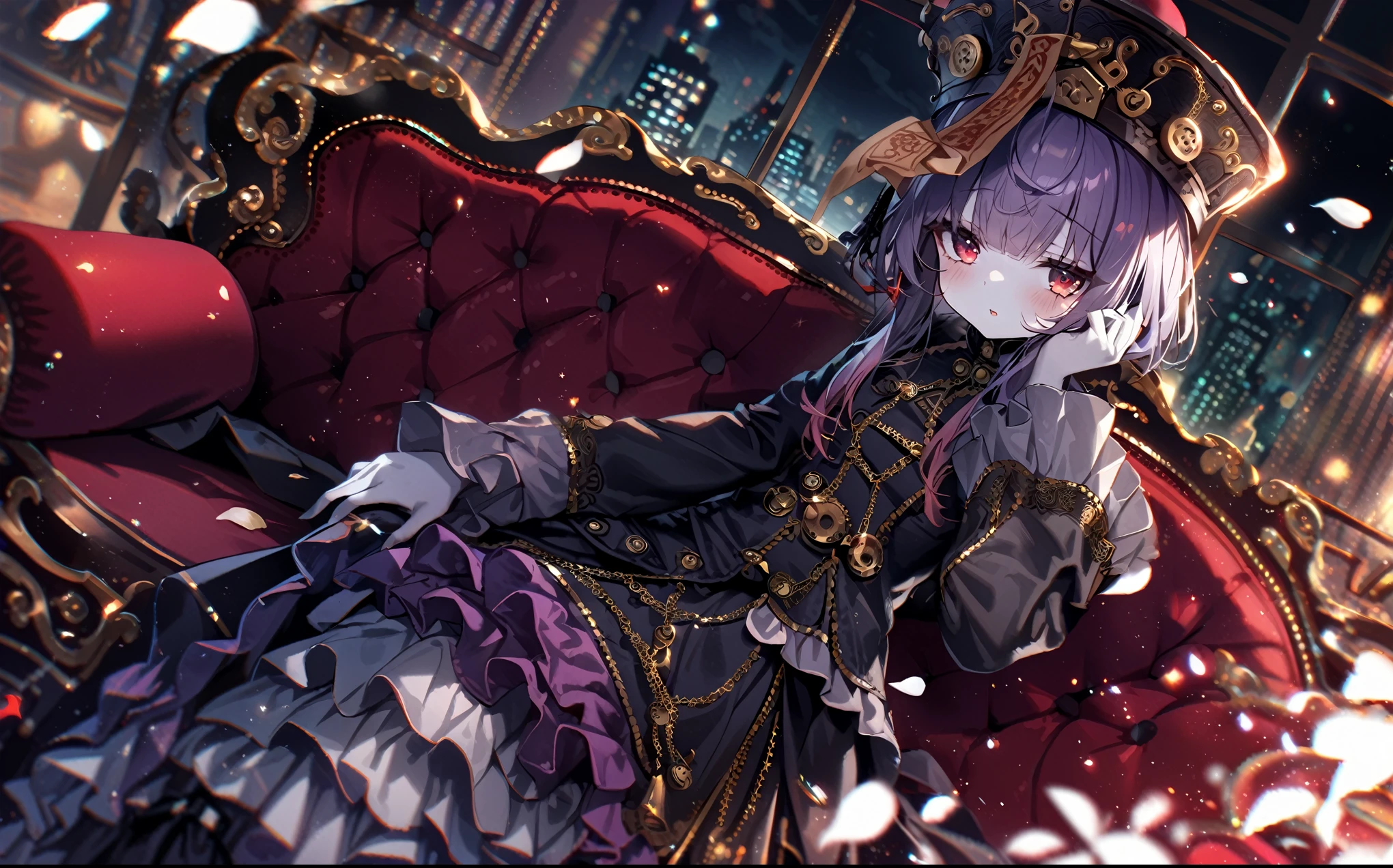 (1girl, jiangshi), purple hair, red eyes, sleepy, (pale green skin), tattoo, hat, qingdai guanmao with ofuda, detailed purple and black gothic dress, flared frilled sleeve, cheek rest, sitting on a luxurious red sofa in the style of steampunk, black curtains with gold embroidery, window, cityscape, night, dark, light particles, golden gears, dutch angle, chromatic aberration, ((depth of field)), white petals, (masterpiece, best quality, ultra-detailed illustration)