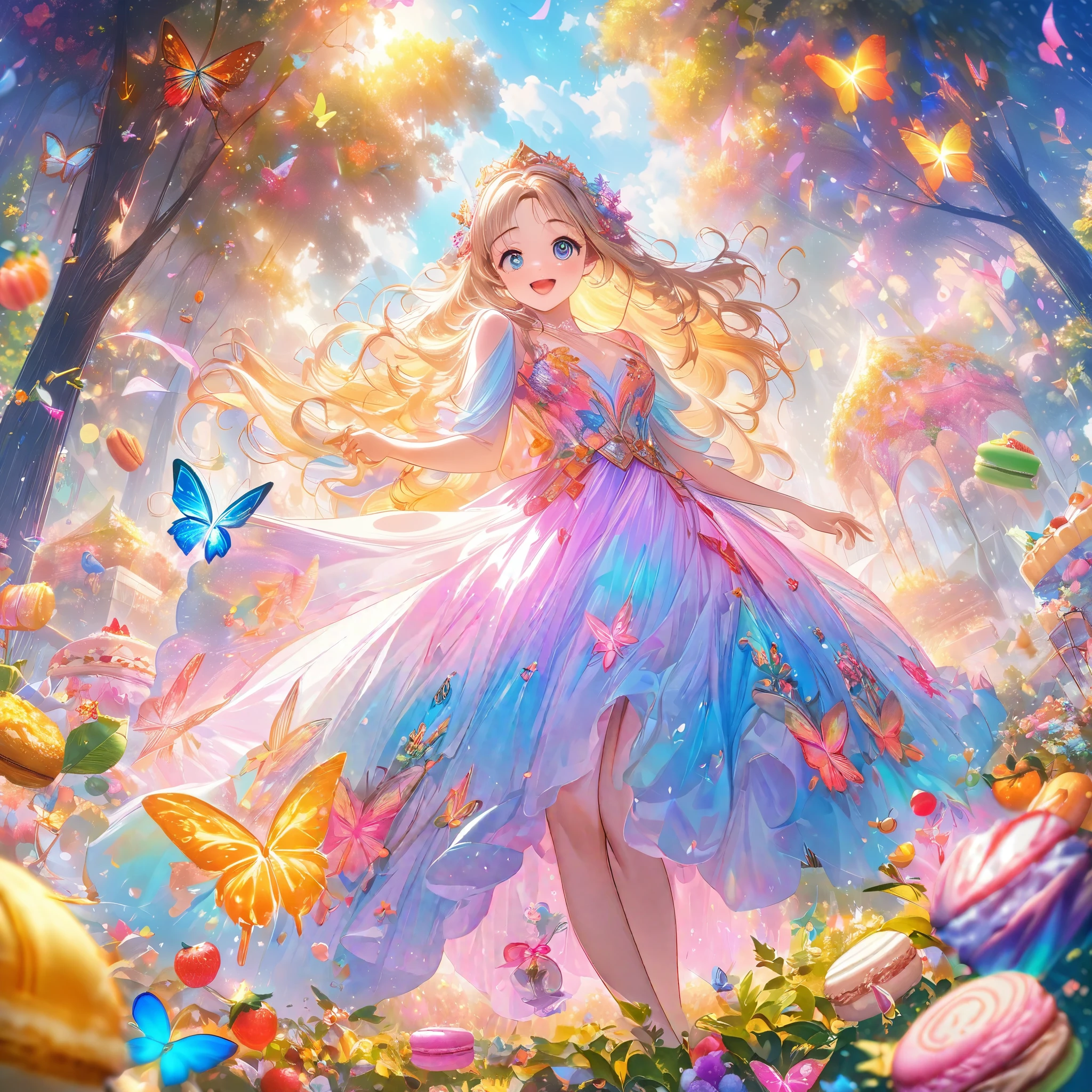 (bollywood actress:1.1,nubile:1.1,25 years old), frolicking in a dreamy meadow made of (delicious,scrumptious:0.9) food and candy, surrounded by vibrant flowers and (colorful,flavorful) fruits. She is dressed in a (glamorous,ethereal) flowing gown, with (intricate,beautiful) embroidery and (sparkling,shimmering) embellishments. Her (expressive mesmerizing) eyes shine with (excitement,joy), and her (delicate pink) lips are curved into a (captivating enchanting) smile. The meadow is filled with (luscious aromatic) desserts, such as (cakes,macarons,pastries) and (chocolate strawberries,marshmallows). (Butterflies,colorful butterflies) flutter around her, creating a (magical playfully) atmosphere. Soft sunlight (filters through,dances upon) the trees, casting a warm glow on the scene. The air is filled with the intoxicating scent of (sweet candy,fresh fruits), and the sound of laughter and happiness fills the air. The entire scene exudes a sense of (whimsical, fairy-tale) beauty and (carefree joy). The artwork should have (best quality,4k,highres:1.2), (vibrant colors,vivid hues), and (soft ethereal lighting, gentle luminosity).