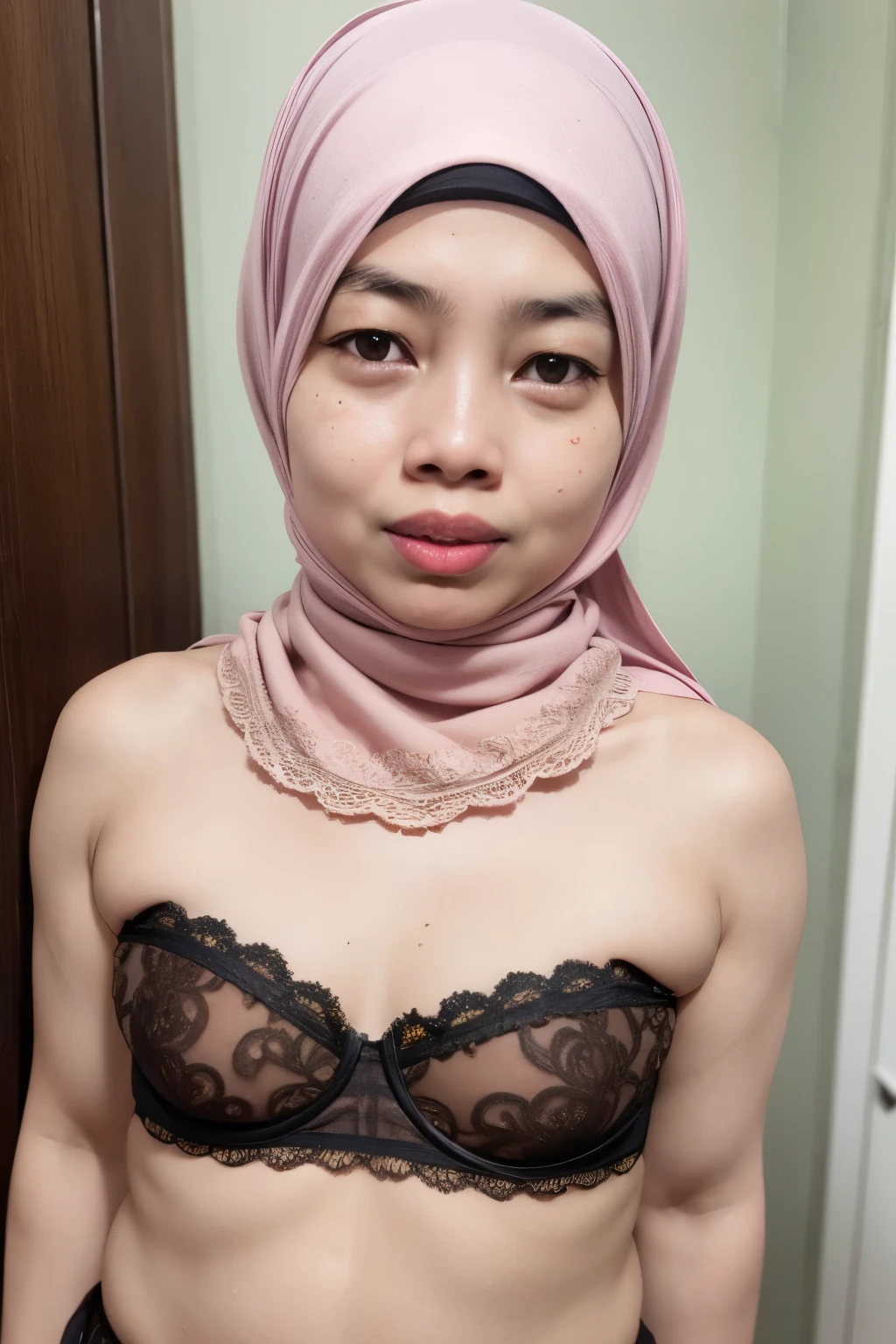 SEDUCTIVE POSE, ((Open mouth)), Naked singlet (((HIJAB MALAY GIRL))), masutepiece, High quality, UHD 32K, Realistic face, Realistic skin feeling , A Japanese Lady, , , Very cute and baby-like face, (((FLAT CHEST))), (MATRIX WORLD), ((look In front at the camera and SADNESS)), ((())), (((CUTE GIRL))), ((BROWN LIPS)), ((COLOURFUL LACE)), ((CHUBBY)), Wearing strapless Colourful bra