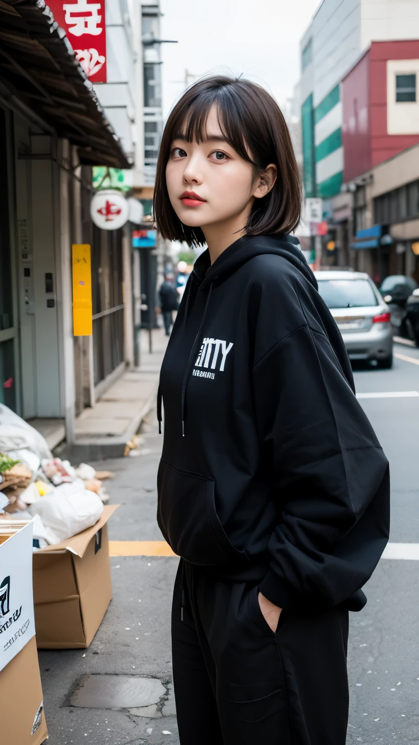 (((street dancer))),(((Perfect Fingers))),18-year-old,Korean women,Downtown trash dump,(((Facing forward))),(((Frowning,カメラをGlaring))),(Very fine eye), (((Wearing a black hoodie,Wearing baggy pants))),((photograph)),((Woman in downtown)),(((Fabric Shading))), (((highest quality))), (((masterpiece))) strong girl, ((((Realistic)))), I have a card,Black Hair, chic hairstyle, ((With bangs,Straight medium bob cut, nice hair)), Light makeup,Red eyes, (((I&#39;m not wearing lipstick))), (nice, strong), Strong night atmosphere,  Centered Images, Focus on the camera, Elegant colors,Realistic Skin,Realistic texture,８k,whole body,Pale skin, (((Dirty garbage dump))),A huge amount of trash,Red iris,Expressionless,Glaring,Perfect Face,(((Big eyes))),She is wearing wide black pants,Mouth closed, portrait of aespaのウィンター,She is wearing black streetwear, Woman in black streetwear, 黒いハイテクな服を着た女性のphotograph, Girl wearing black hoodie, Cyberpunk Streetwear, Cyberpunk Streetwear street fashion e-girl,