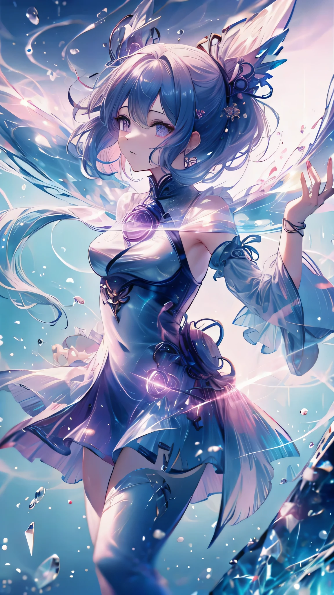 Extreme Detail, perfection, aerial photograph, Like a work of art, Anime girl with ice and snow sword, Her pink hair and long purple skirt complement each other well., Ayaka Genshin gazing into the distance, Leading to the world of Genshin.