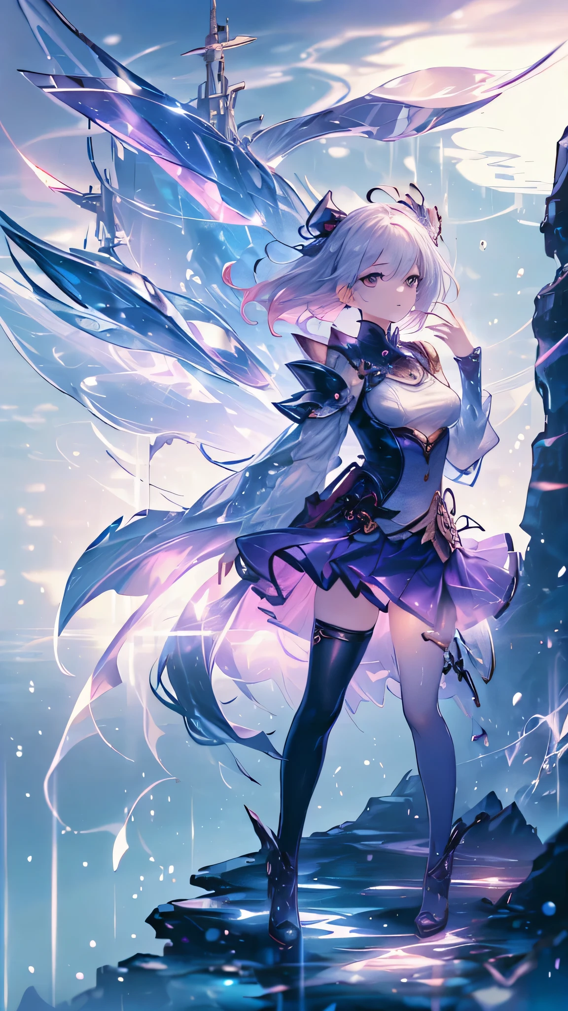 Extreme Detail, perfection, aerial photograph, Like a work of art, Anime girl with ice and snow sword, Her pink hair and long purple skirt complement each other well., Ayaka Genshin gazing into the distance, Leading to the world of Genshin.