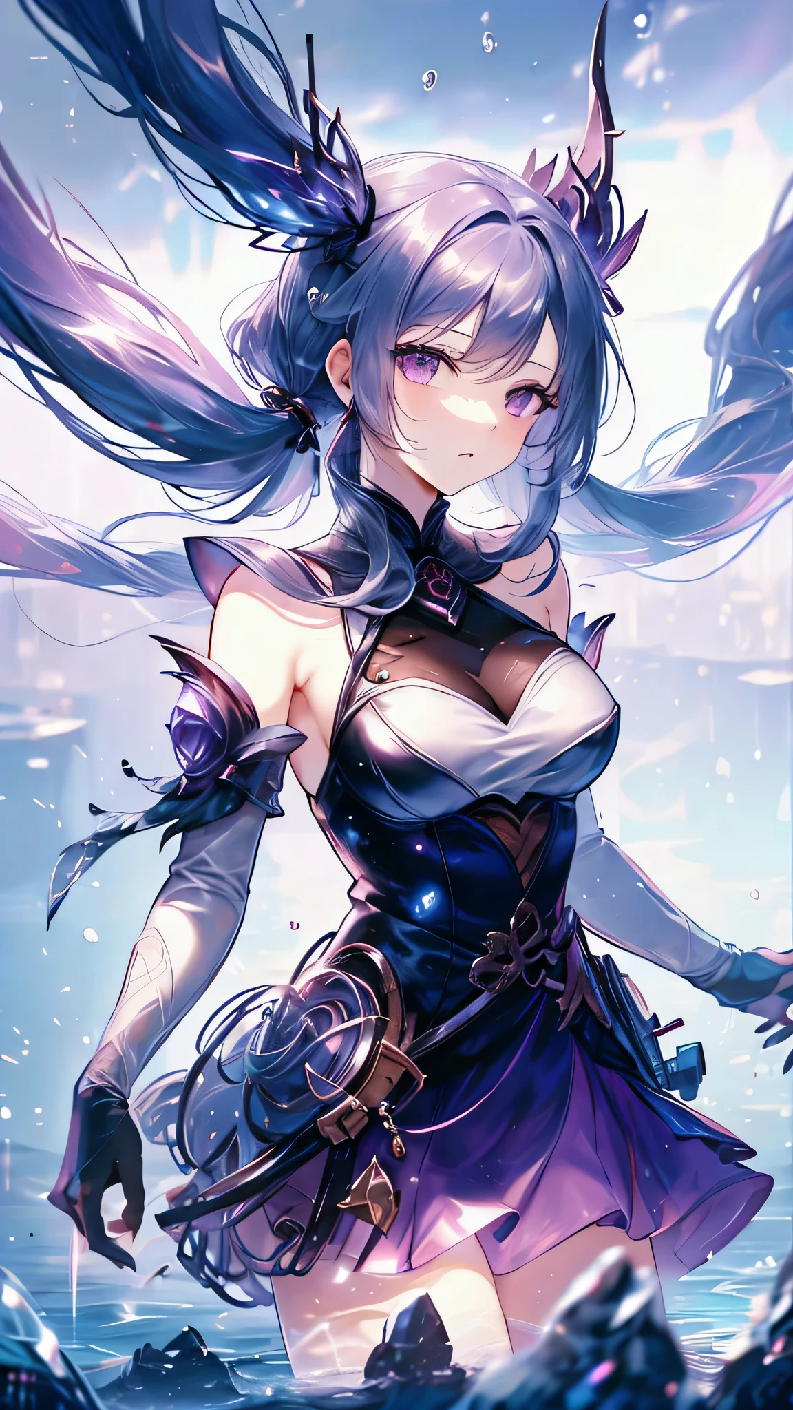 Extreme Detail, perfection, aerial photograph, Like a work of art, Anime girl with ice and snow sword, Her pink hair and long purple skirt complement each other well., Ayaka Genshin gazing into the distance, Leading to the world of Genshin.