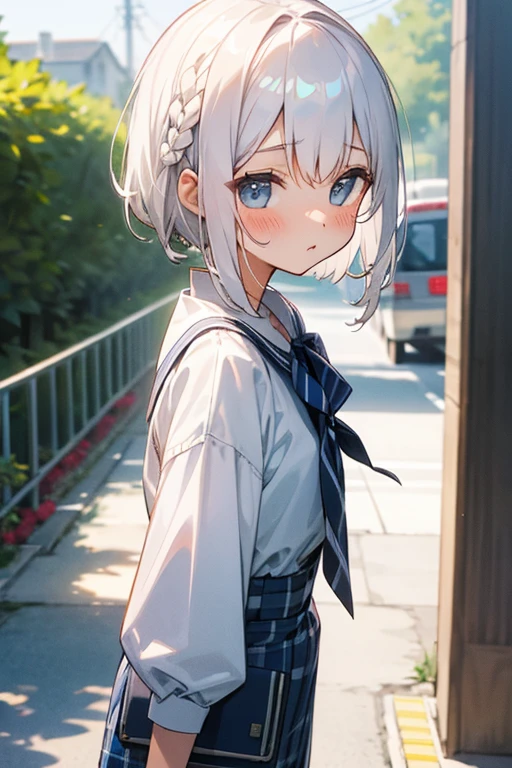 Short white hair, blush, Navy and white checked outfit、Braiding、up