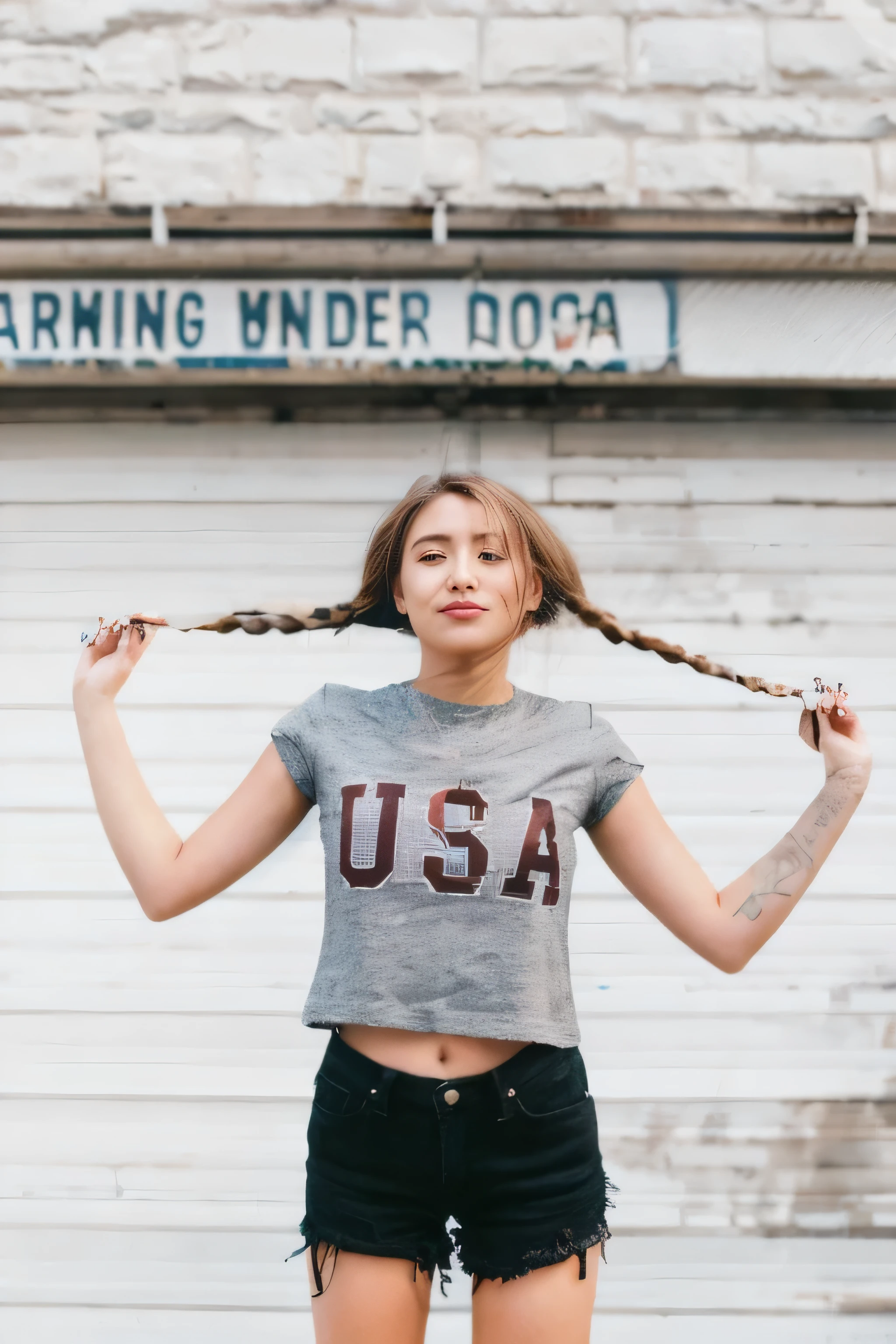 「USA」Arabian woman wearing a shirt that says, America - September 20th, Woman with brown braided hair, Girl with braids, Super long hair girl, In front of the garage, Posing on the city streets, Long Hair Girl, Long hair and red shirt, Long braided hair on the head, young with long hair