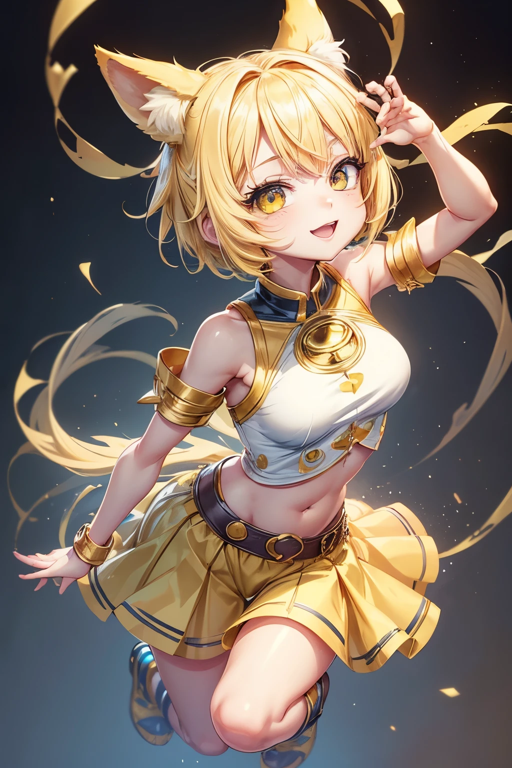 girl, full body, cartoon style, chibi style, cute, dog tail, dog ear, beautiful face, smile face, yellow color eye, beautiful eye, high detailed pupil, double eyeylid, high detailed skin, high quality skin, yellow color hair, very short hair, beautiful titis, perfect body, sexy dance, white clothes, masterpiece,