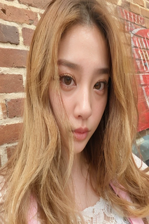 Un primer plano de una mujer con el pelo largo y rubio y una camisa rosa, ulzzang, pelo largo y rubio y ojos grandes, long cabello rubio y ojos grandes, sakimichan, parque roseanne de blackpink, jinyoung shin, heonhwa choe, pale korean adorable face, 8k selfie photography, cabello rubio y ojos grandes, jaeyeon nam, muchacha coreana