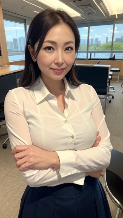 A Japanese woman, 35 years old, slender figure, small breasts, very thin waist, Beautiful face, beautidful eyes, black long hair, wearing a tight and short gray knit dress with a V-neck design, sitting on a desk in an office, gently looking at you, 1girl in, Solo, Detailed face and eyes, detailed fingers and arms. Full body photo. Realistic, Photorealistic.