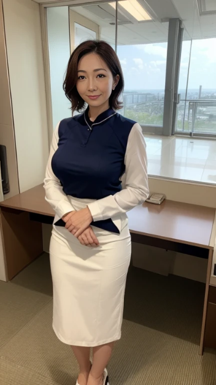 High resolution, high resolution, Attention to detail, masterpiece, Rough skin, Anatomically correct, sharp, 
In the company office、((Full body shot 0.85))、Facing forward、
((japanese milf, 50 years old)), alone, ((Facial wrinkles)), Shapely large breasts, Medium Hair, Chubby body type, 
 ,White blouse with collar, Navy blue tight skirt、landscape,A gentle smile、A gaze that seduces viewers、
