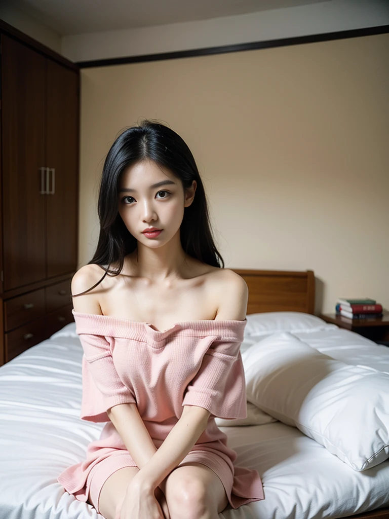 An Asian beauty with long black hair, wearing a pink off-the-shoulder dress, sat in her dorm room