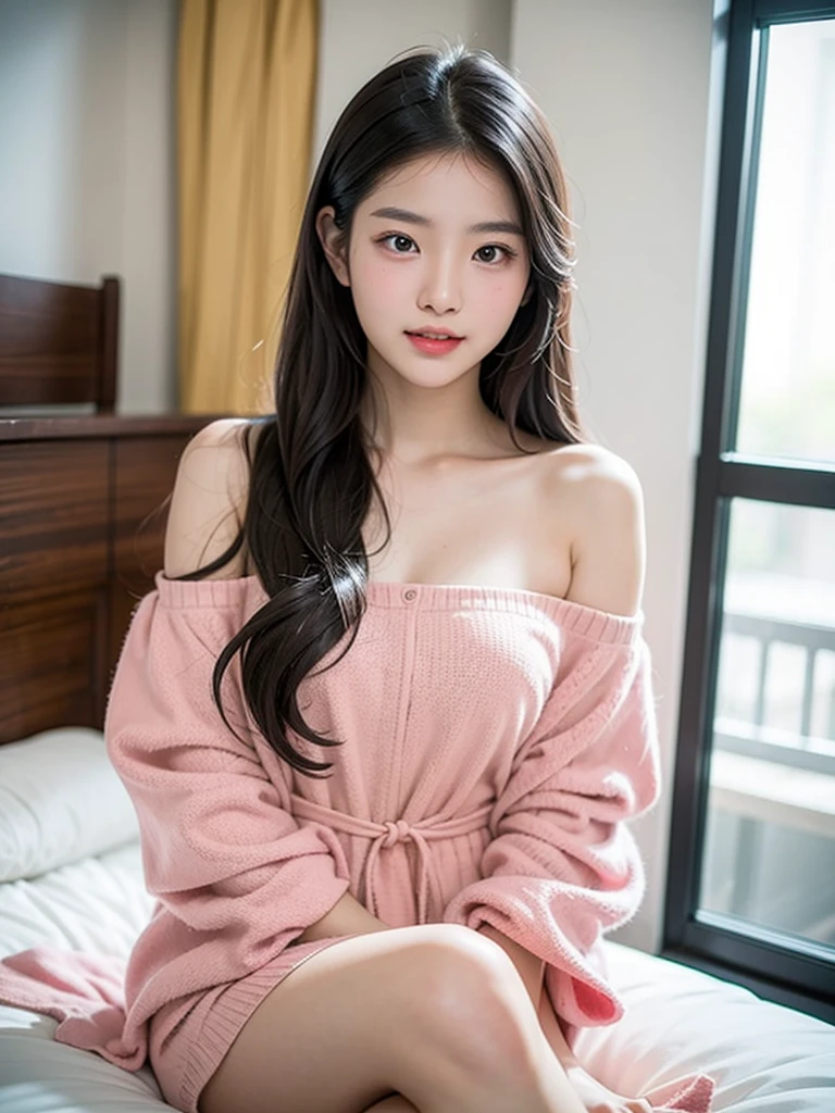 An Asian beauty with long black hair, wearing a pink off-the-shoulder dress, sat in her dorm room