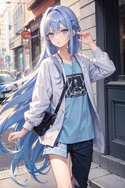 1boy, bluish-lilac hair, long hair, light blue eyes, casual clothing
